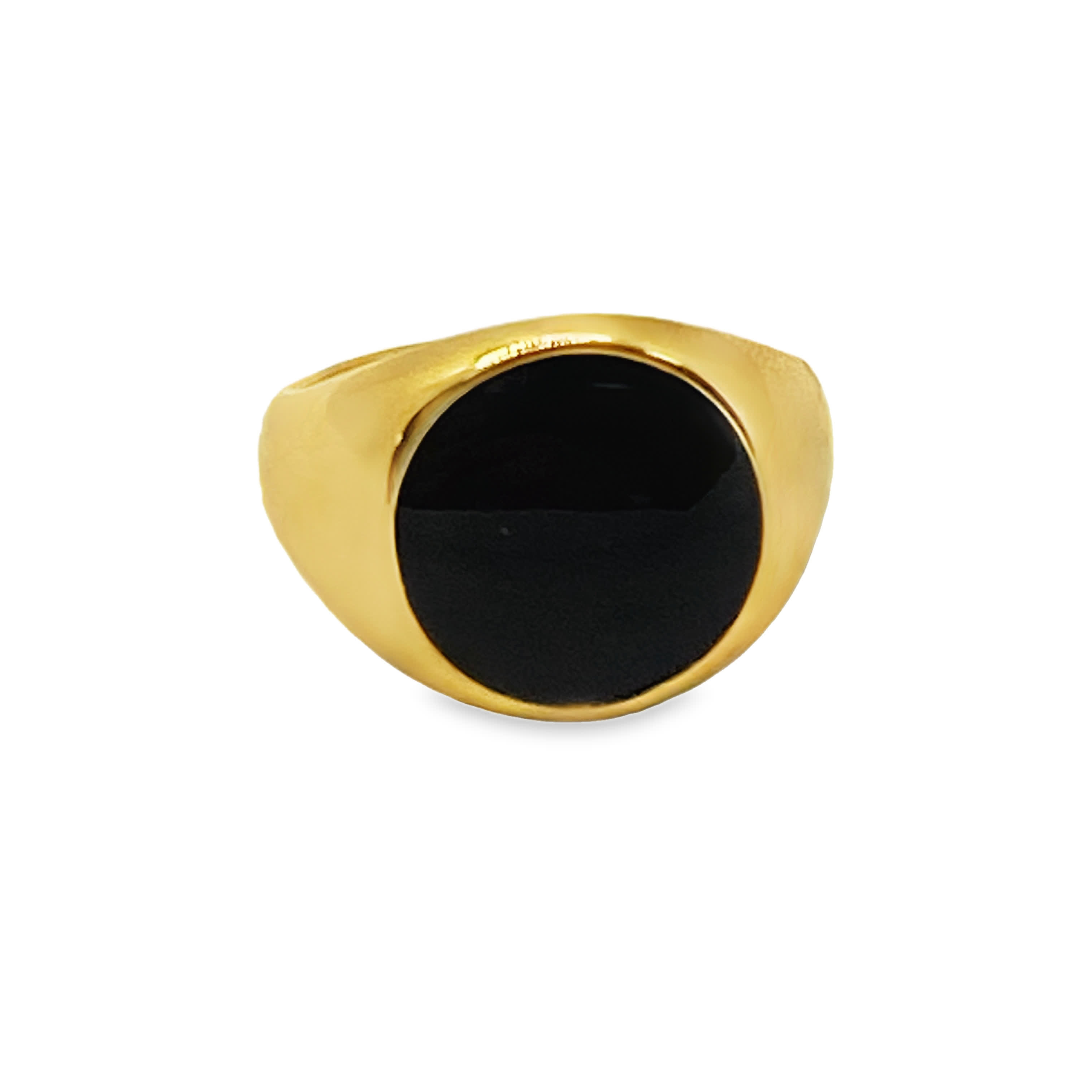 Sygnet ze złoconej stali z okrągłym kaboszonem onyksu