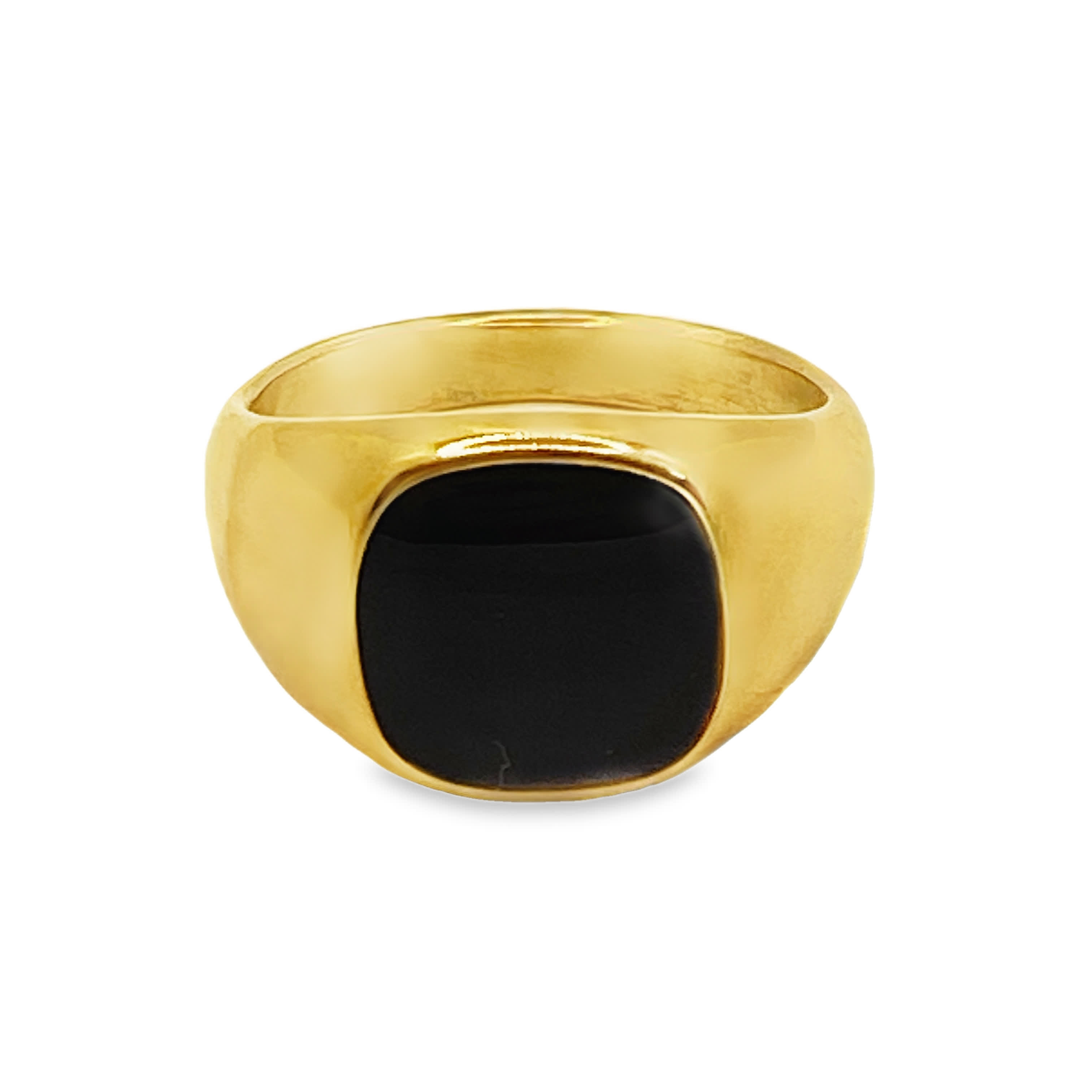 Sygnet ze złoconej stali z kwadratowym kaboszonem onyksu
