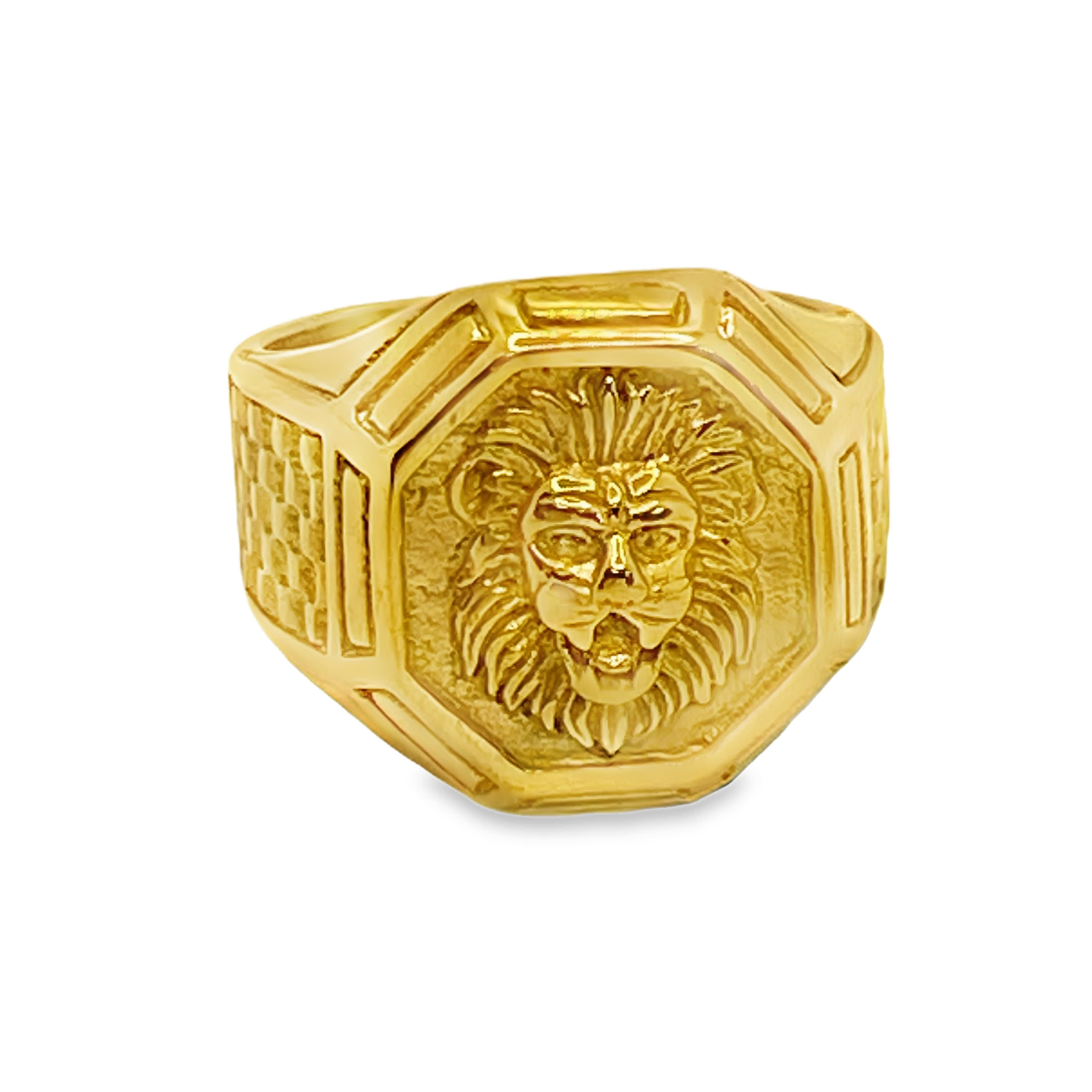 Sygnet ze złoconej stali z głową lwa