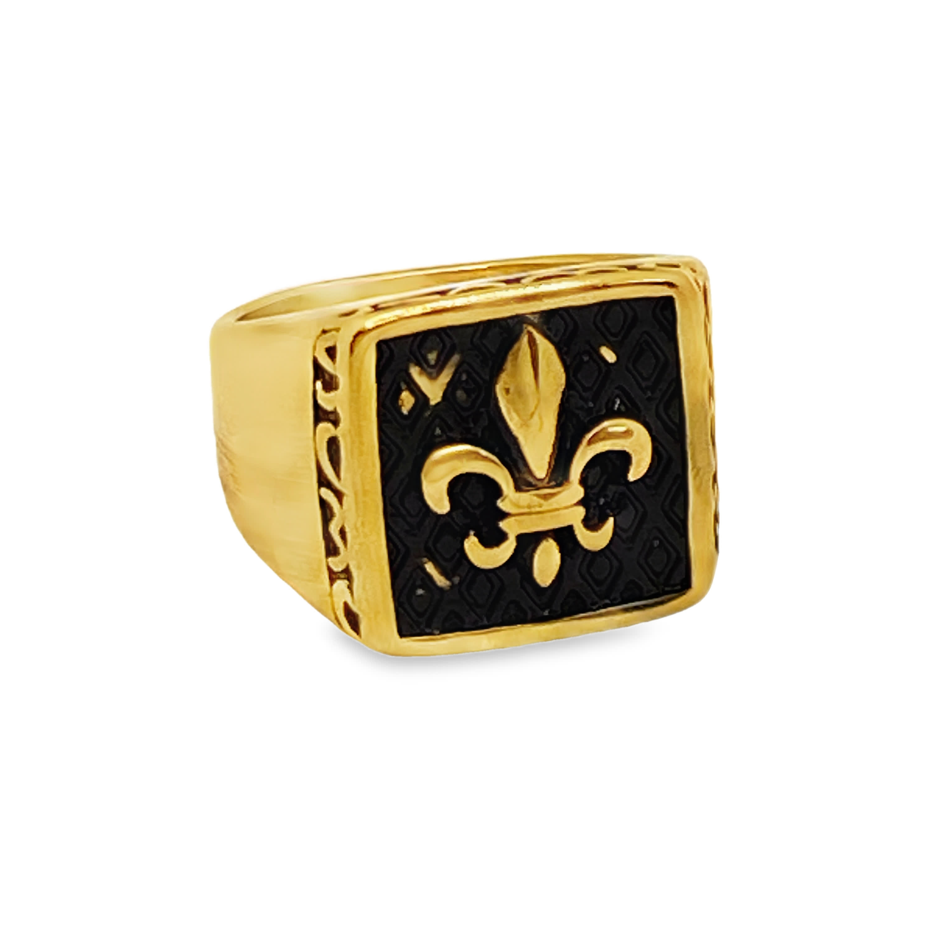 Sygnet ze złoconej stali z detalem fleur-de-lis