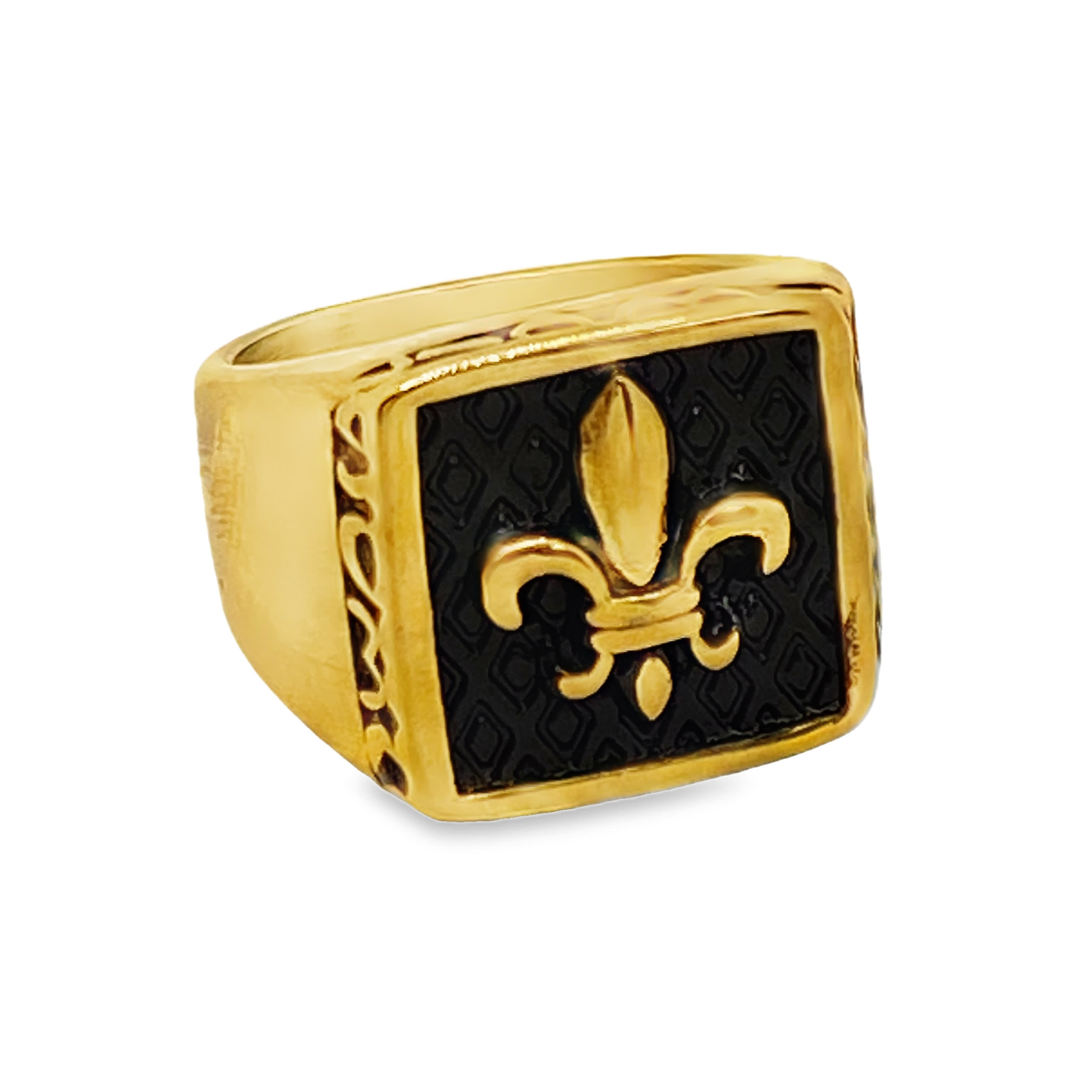 Sygnet ze złoconej stali z detalem fleur-de-lis