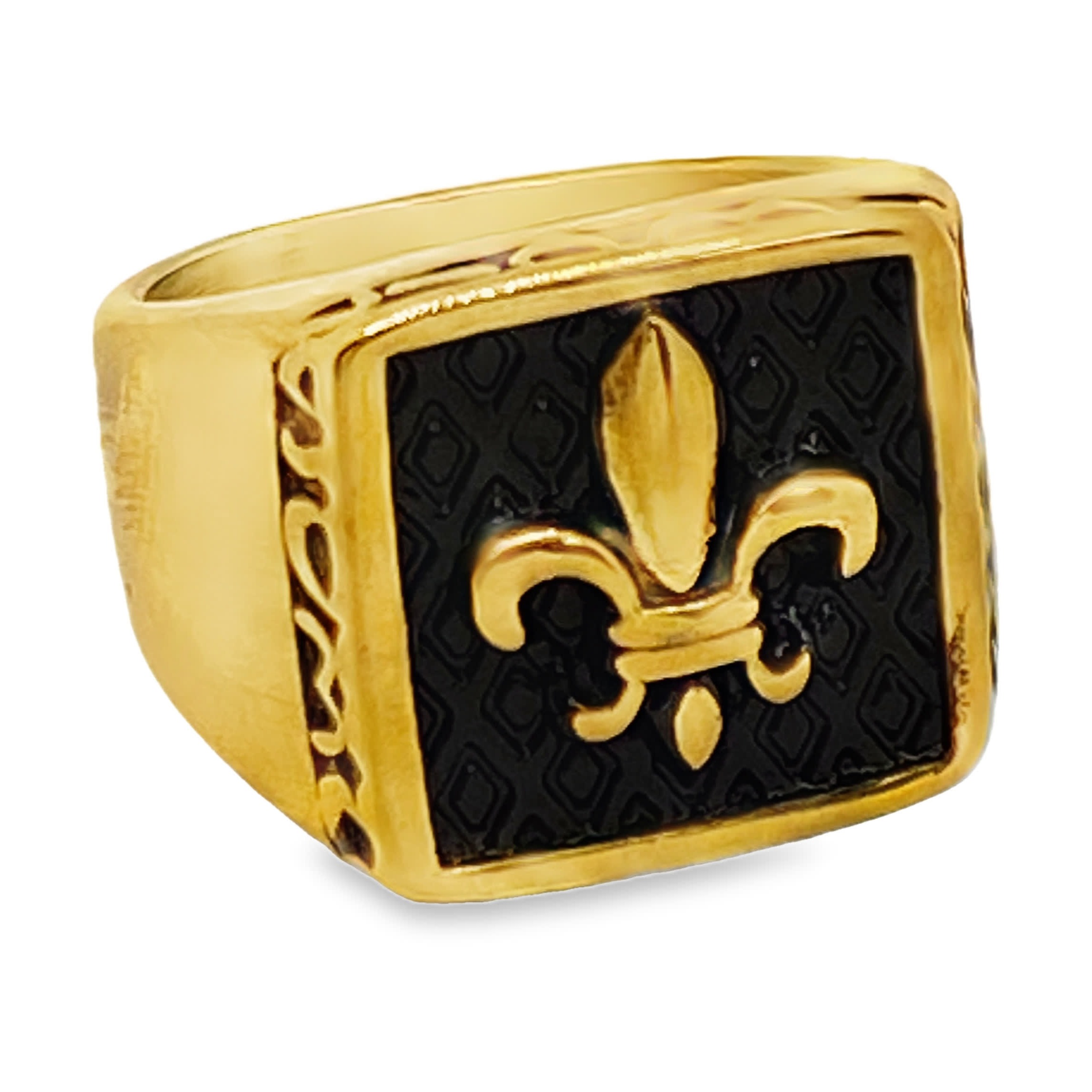 Sygnet ze złoconej stali z detalem fleur-de-lis