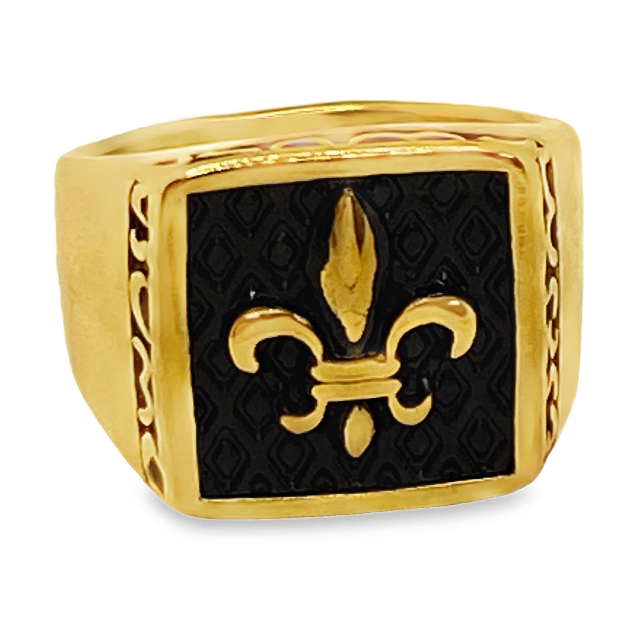 Sygnet ze złoconej stali z detalem fleur-de-lis