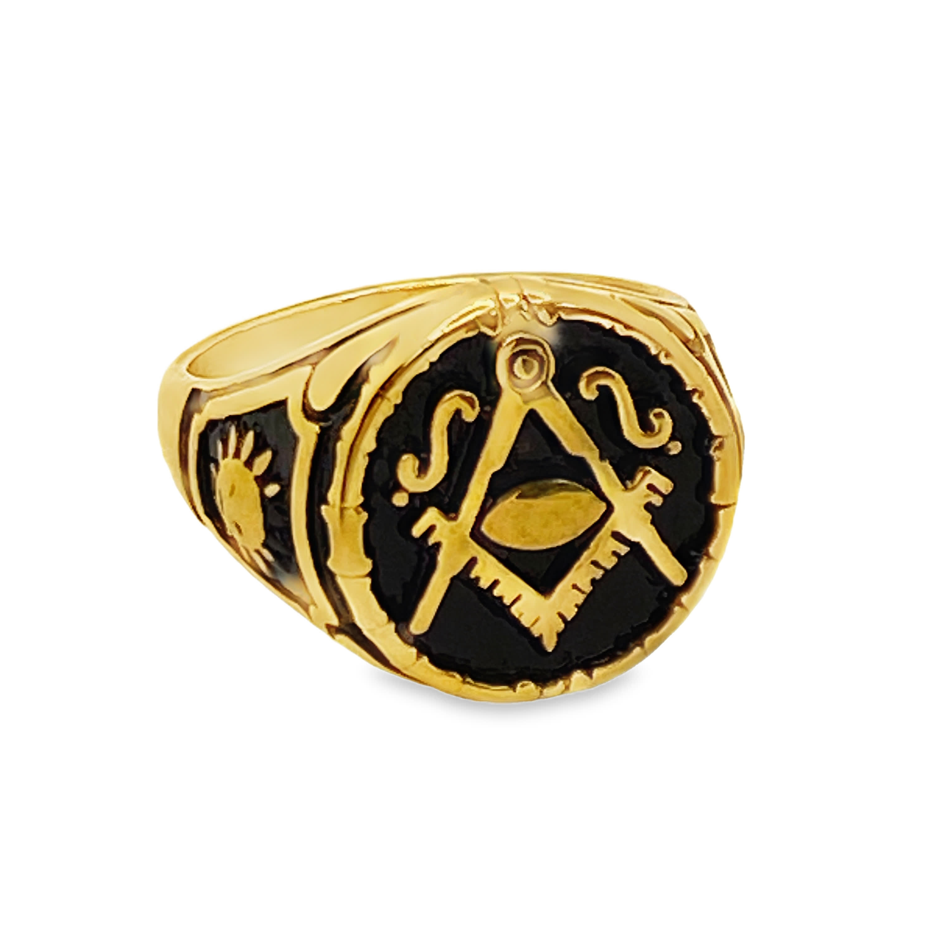 Pierścień ze złoconej stali z misternym sygnet em