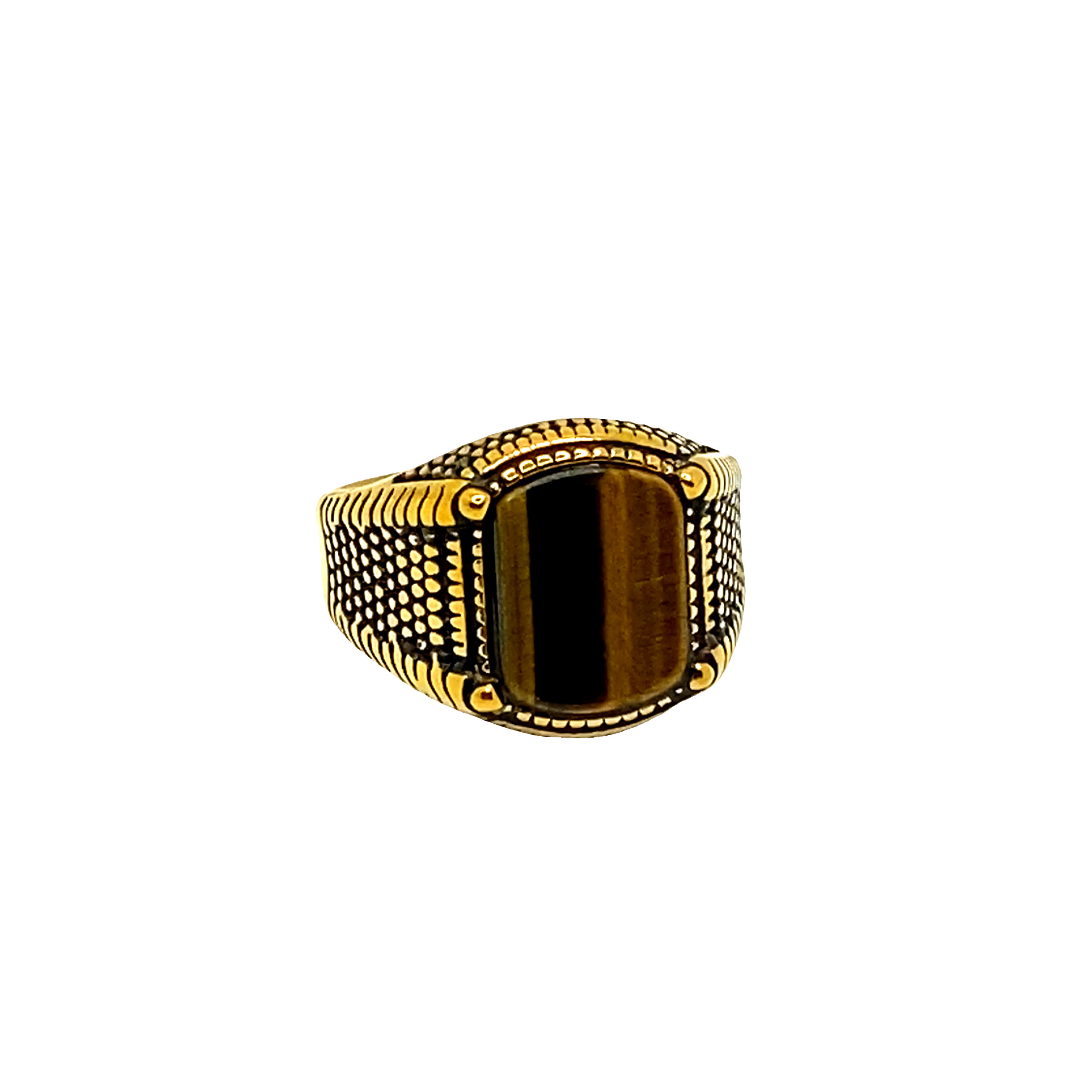 Sygnet ze złoconej stali z kaboszonem onyksu
