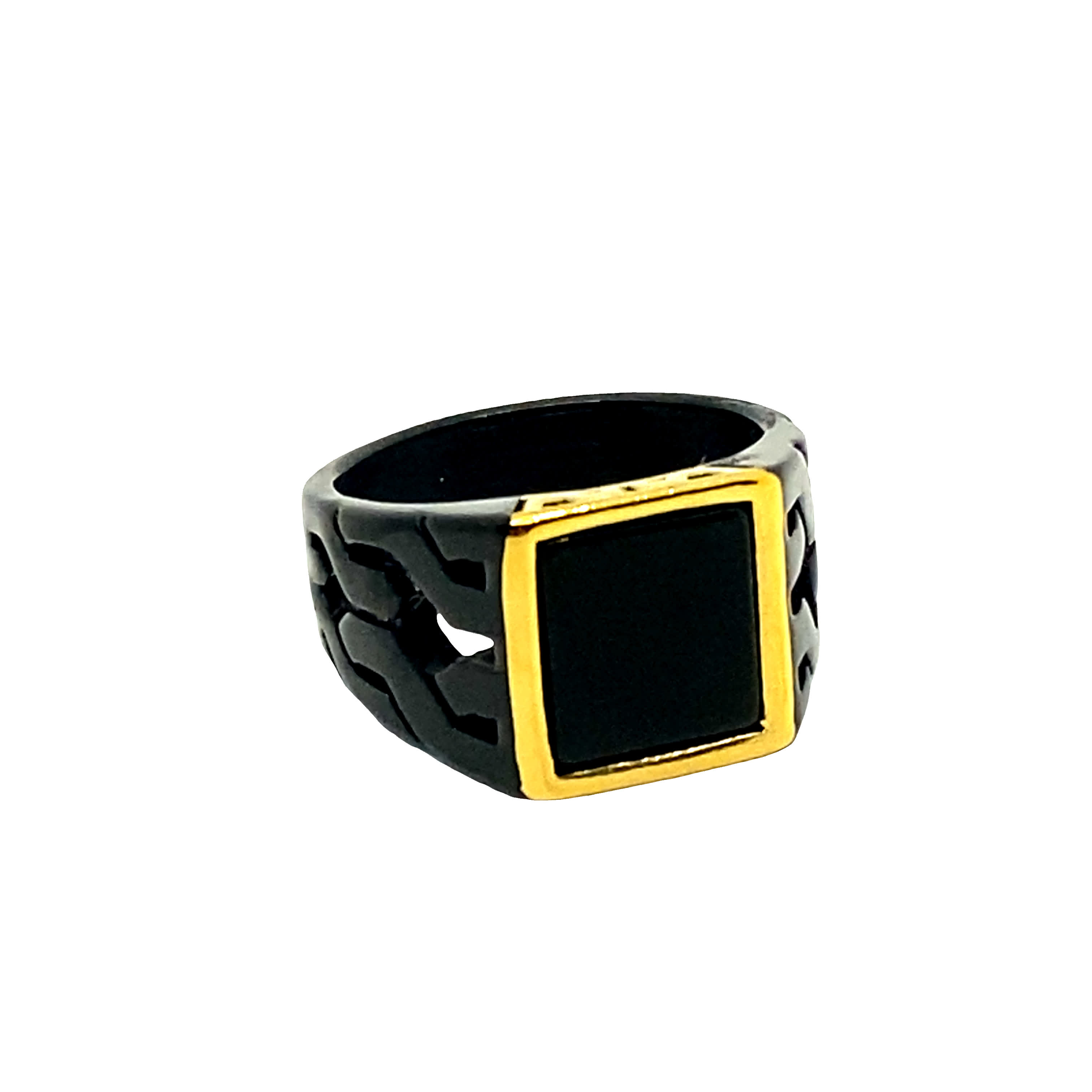 Sygnet z kwadratowym kaboszonem onyksowym i detalami