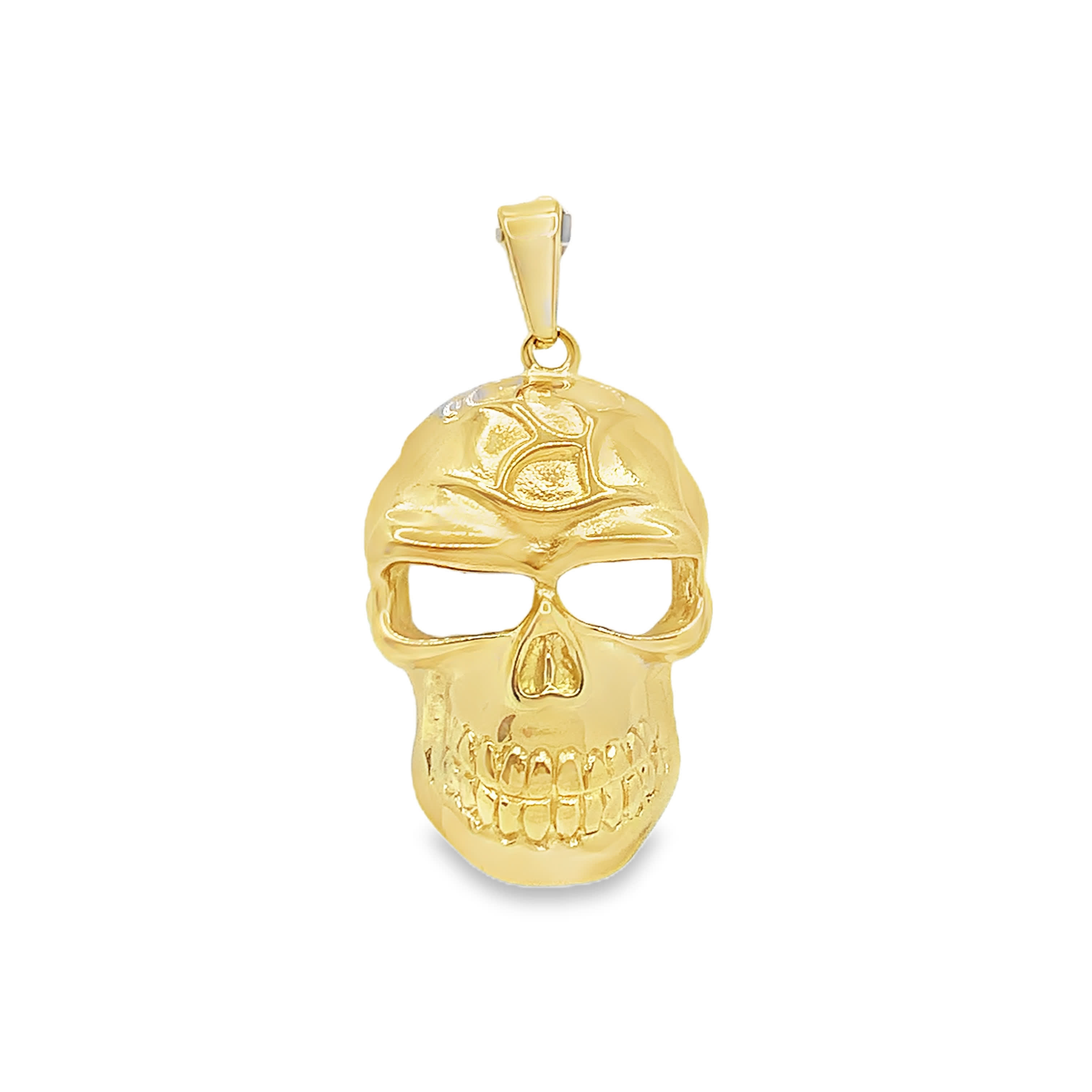 Solidny wisiorek ze złoconej stali w kształcie czaszki, wyraz awangardowej mody