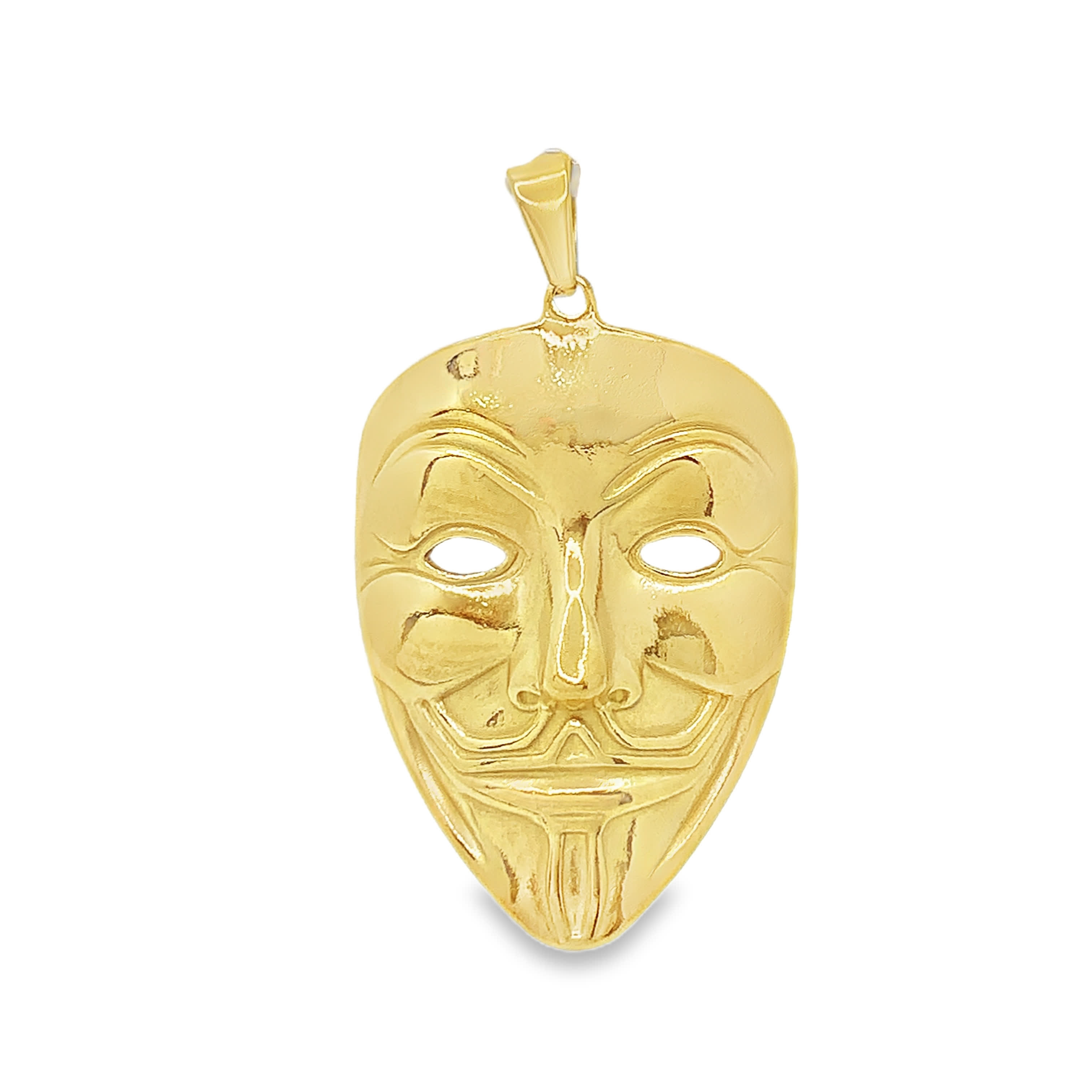 Wisiorek ze złoconej stali z maską Guya Fawkesa – ekspresyjna biżuteria fine Jewelry