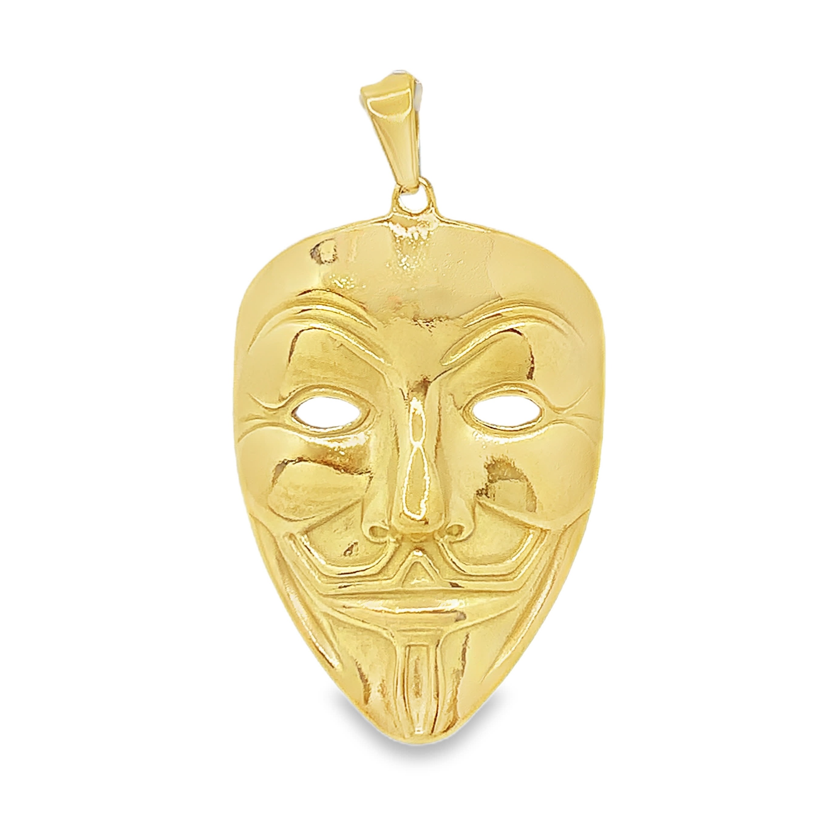 Wisiorek ze złoconej stali z maską Guya Fawkesa – ekspresyjna biżuteria fine Jewelry