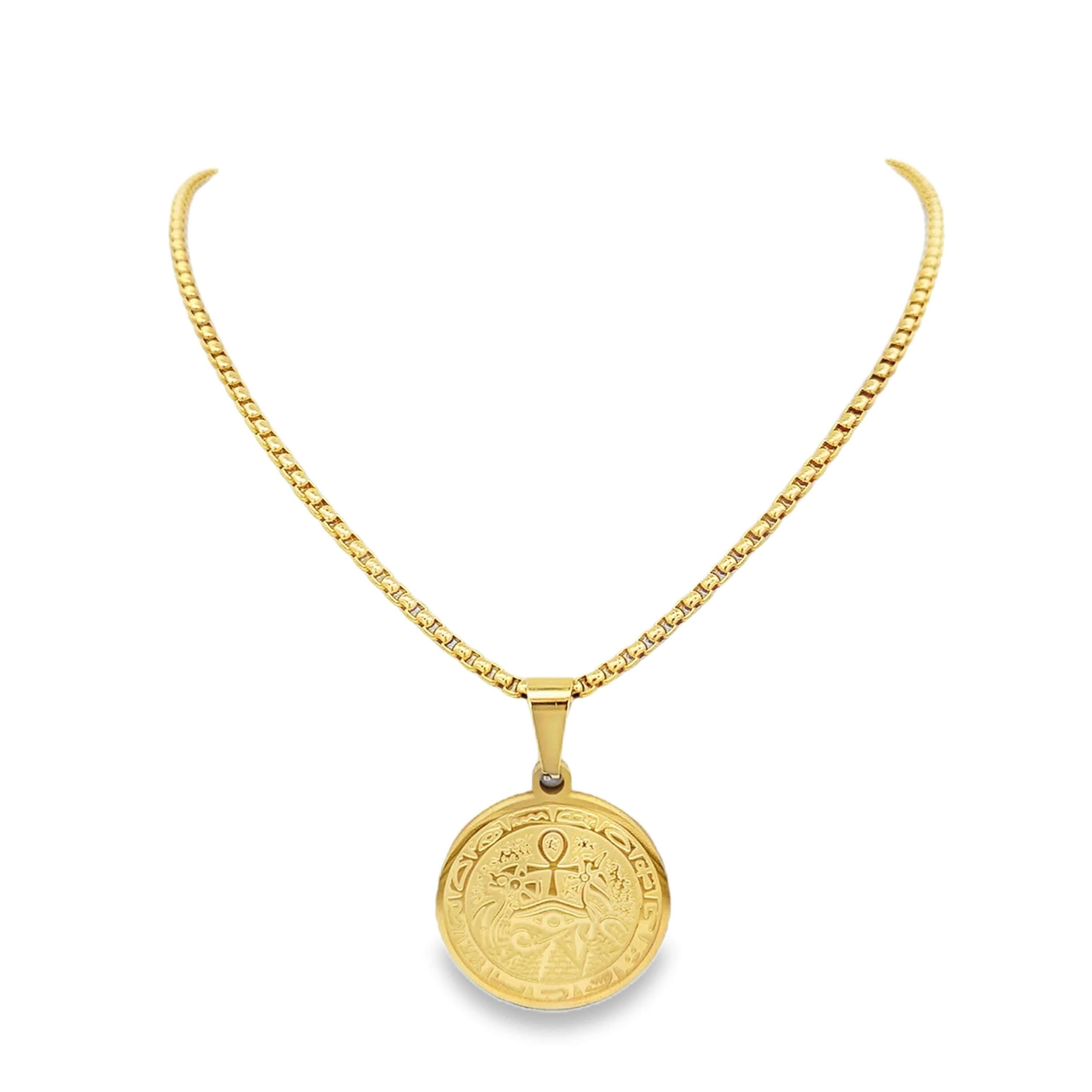 Yellow Gold Egyptian Medallion Pendant on Box Chain