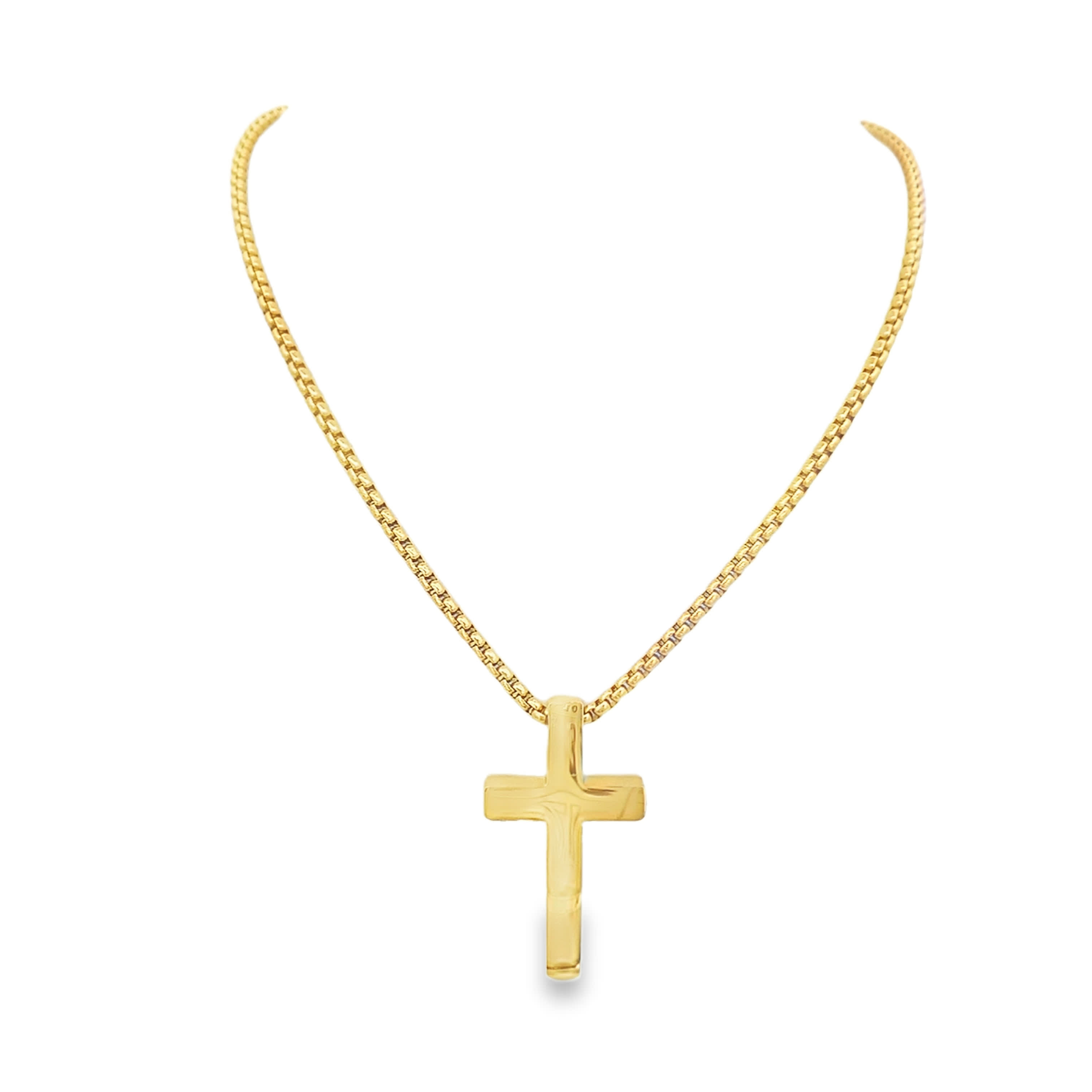 Minimalist High-Polish Yellow Gold Cross Pendant with Box Chain