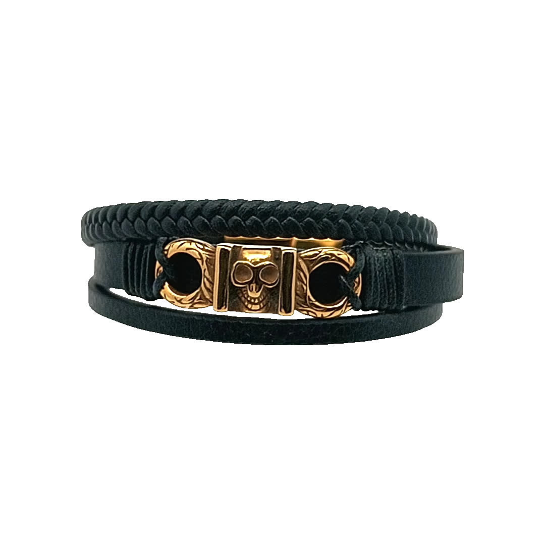 Stylowa czarna skórzana bransoletka z czaszką