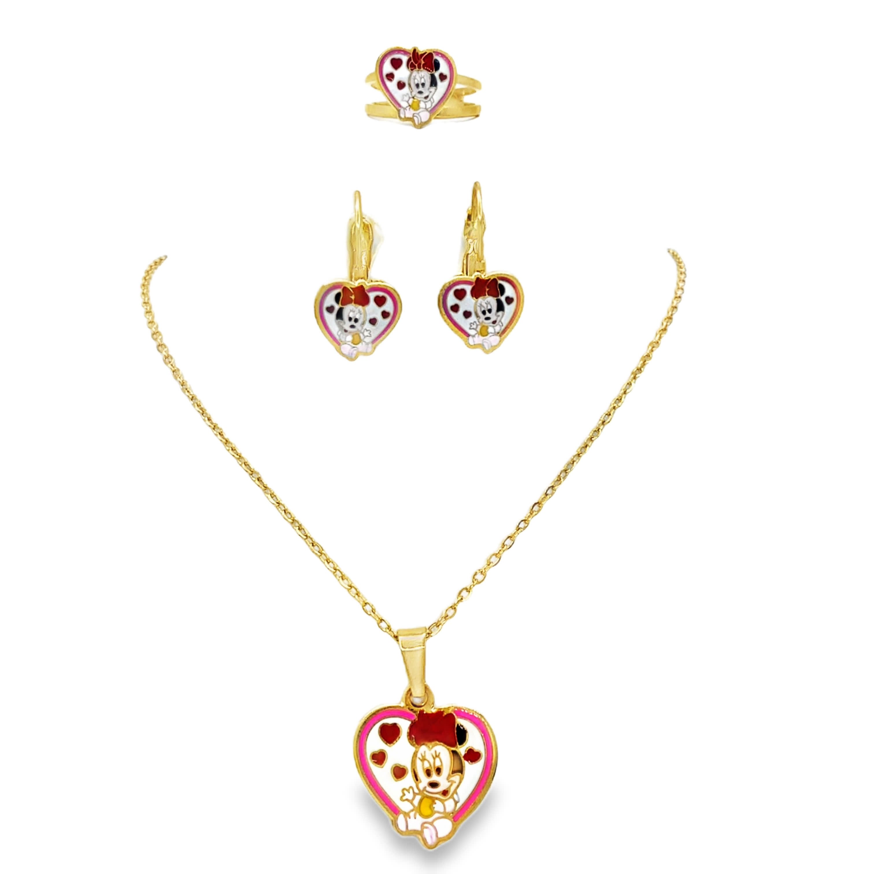 Uroczy naszyjnik z żółtego złota z wisiorkiem w kształcie serca z postacią z kreskówek