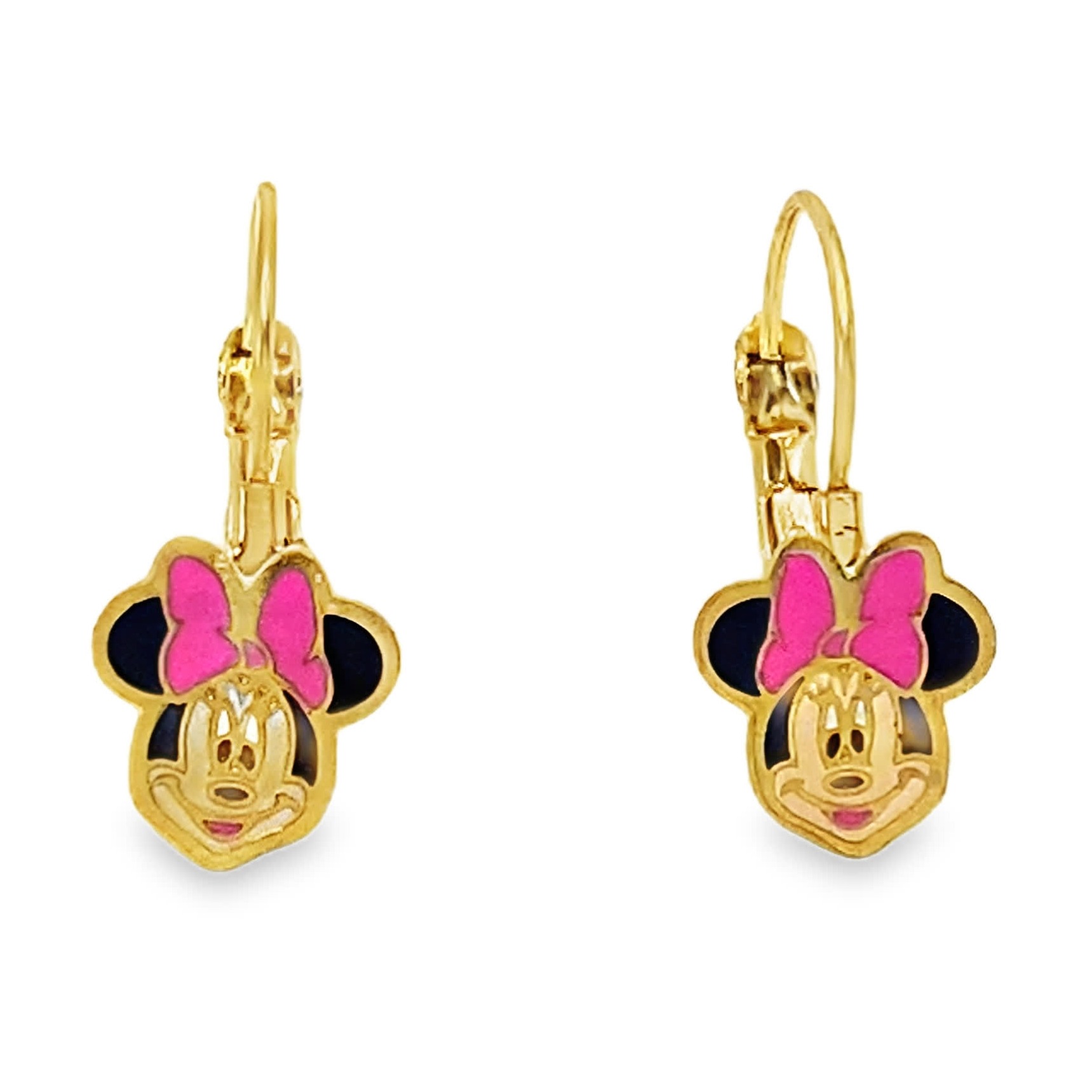 Fantazyjne wiszące kolczyki z żółtego złota z motywem Myszki Minnie