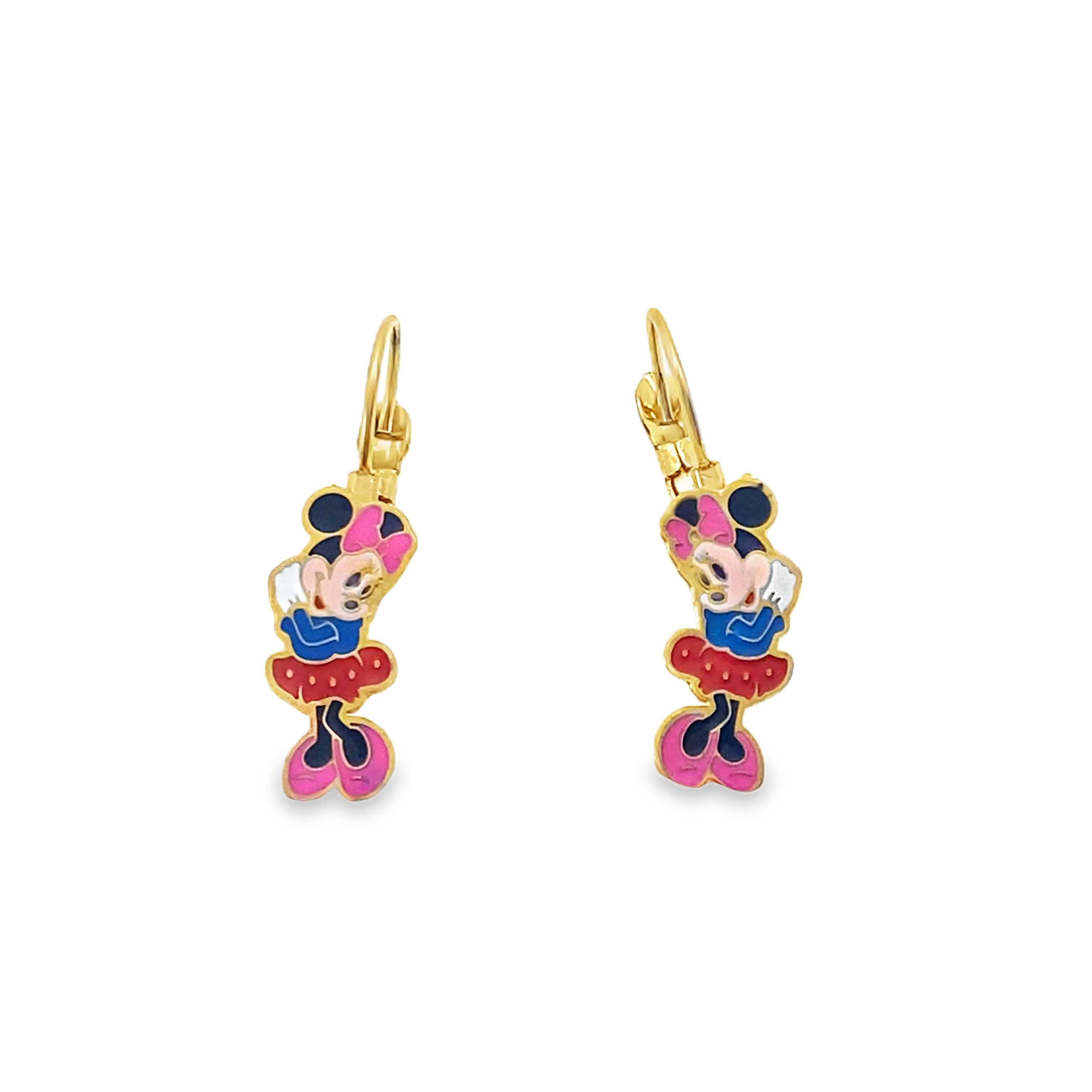 Złote wiszące kolczyki z rysunkami postaci