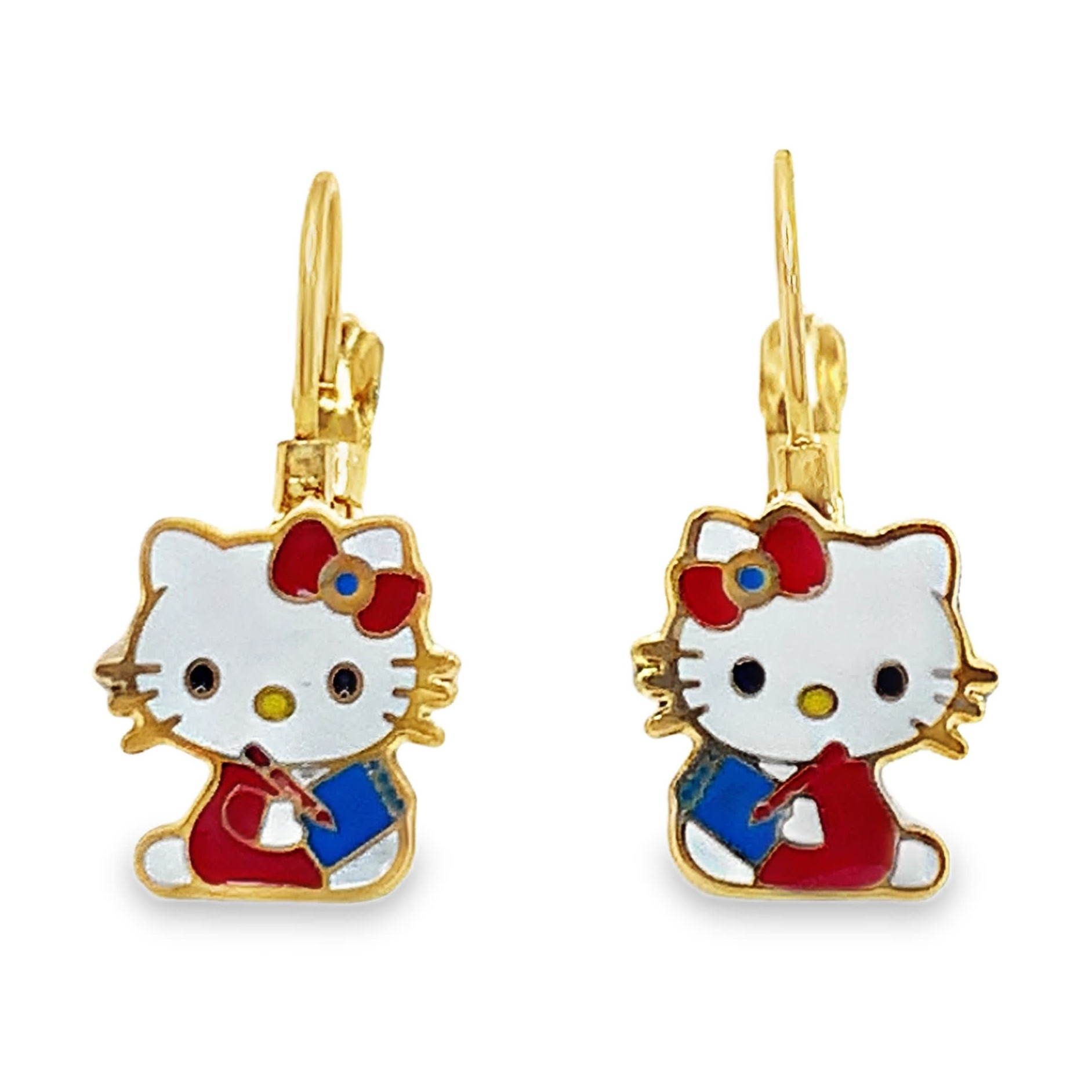 Kolczyki wiszące Hello Kitty z żółtego złota z emalią