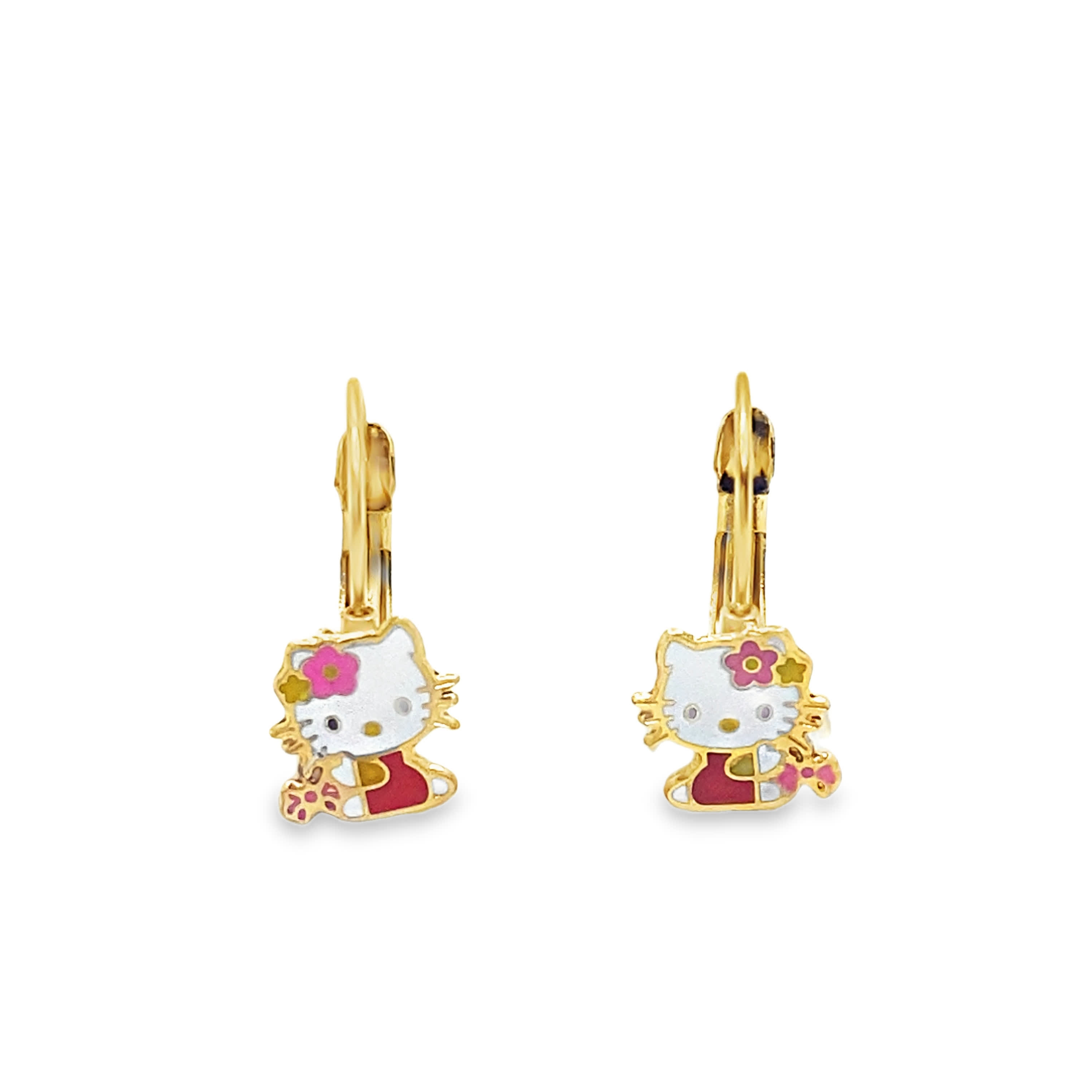 Kolczyki wiszące Hello Kitty z żółtego złota z rysunkami