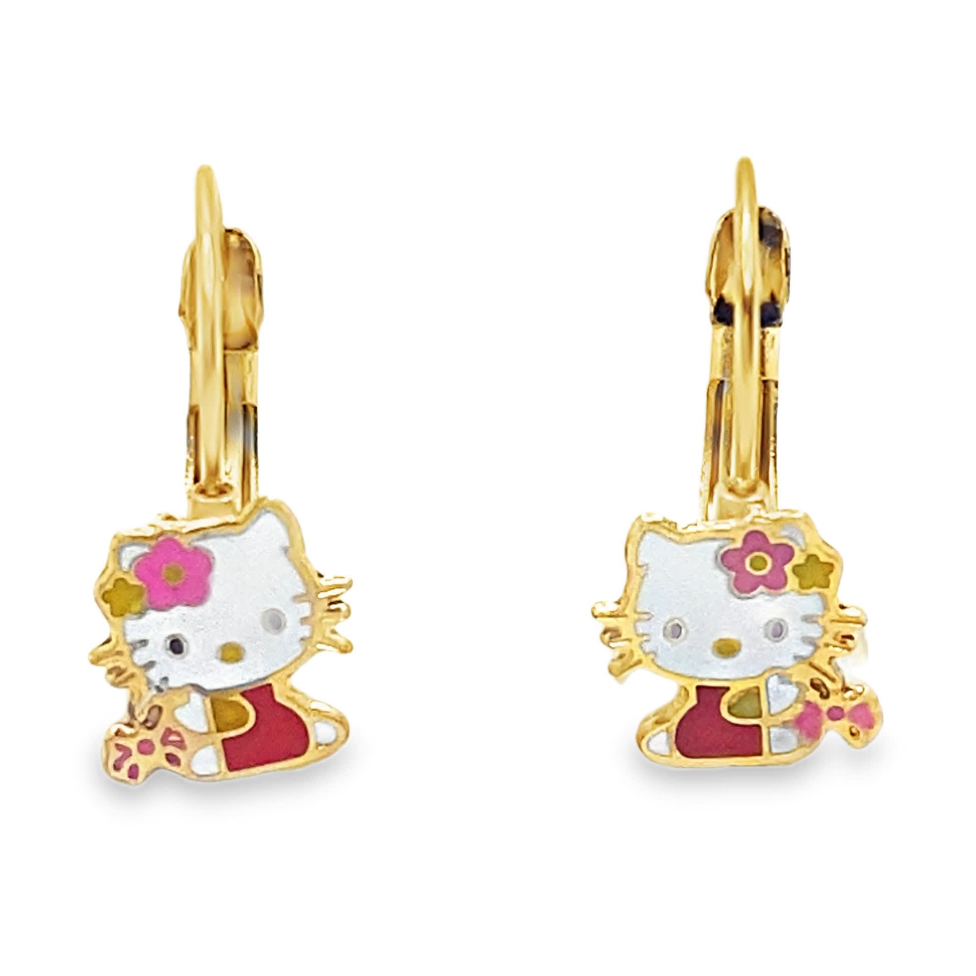 Kolczyki wiszące Hello Kitty z żółtego złota z rysunkami