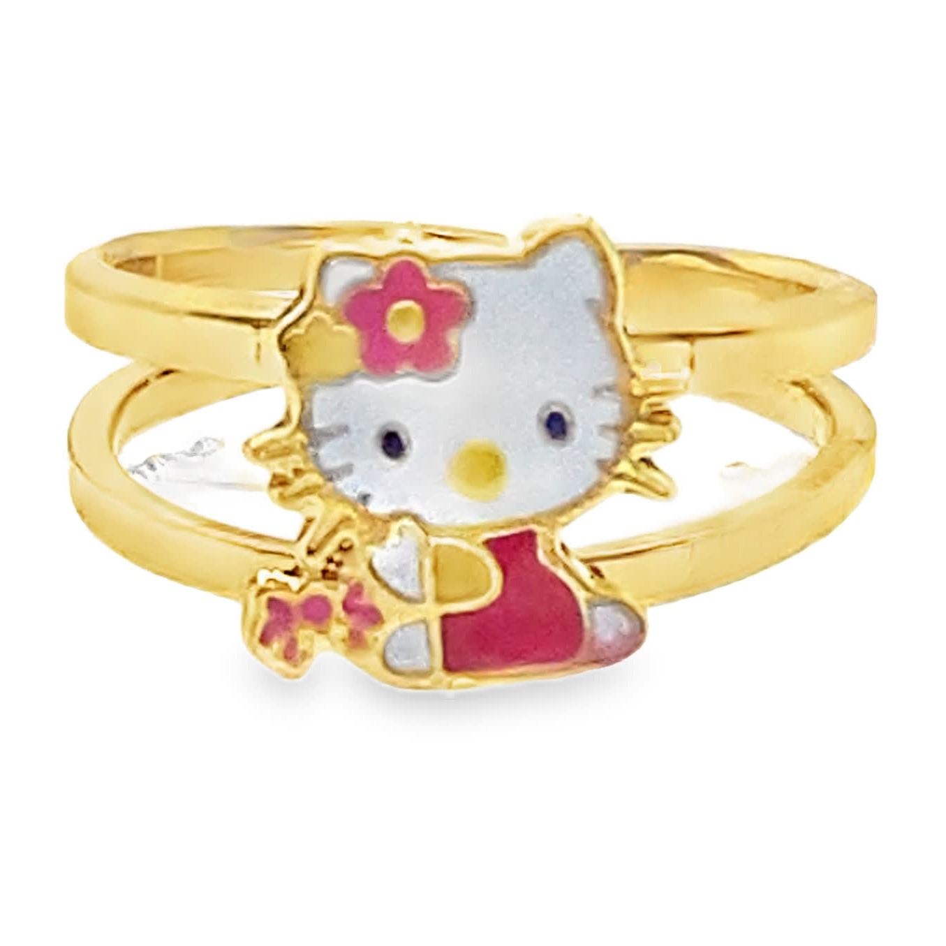 Pierścionek dla dziecka złocony z detalami emaliowanymi Hello Kitty regulowany