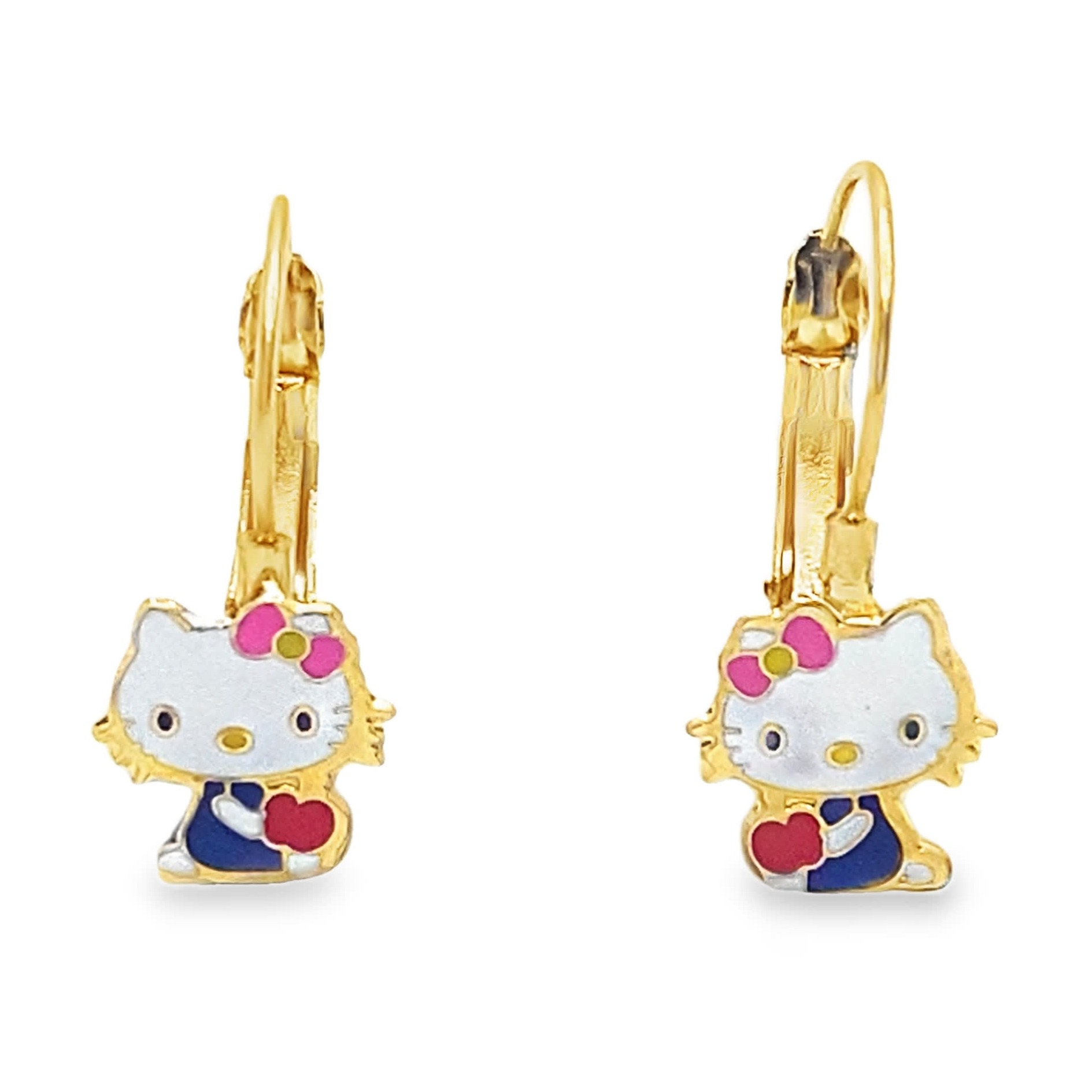 Kolczyki wiszące Hello Kitty z żółtego złota z emalią