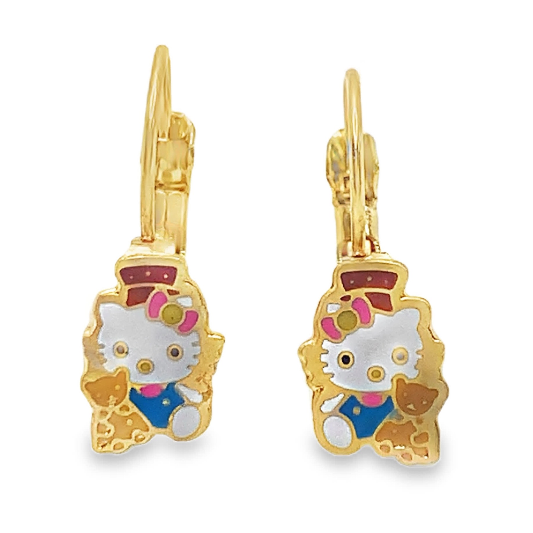 Kolczyki kółka Hello Kitty z żółtego złota z zapięciem dźwigniowym