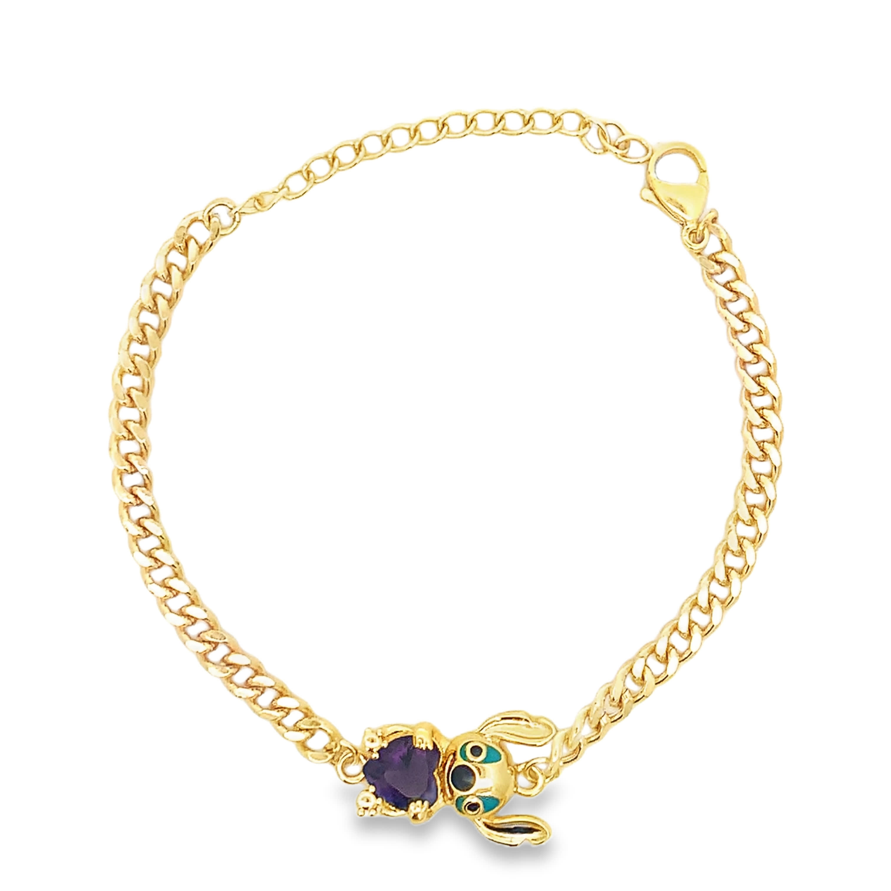 Bransoletka w kolorze żółtego złota z łańcuszkiem i ametystem w kształcie serca oraz akcentem emaliowanym