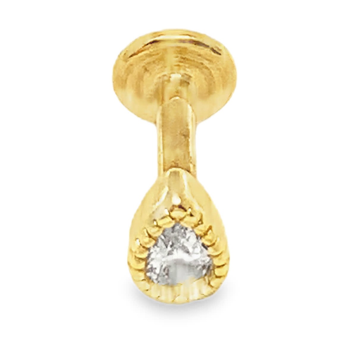 Pozłacany sztyft flat-back z kamieniem pear cut w oprawie bezel milgrain