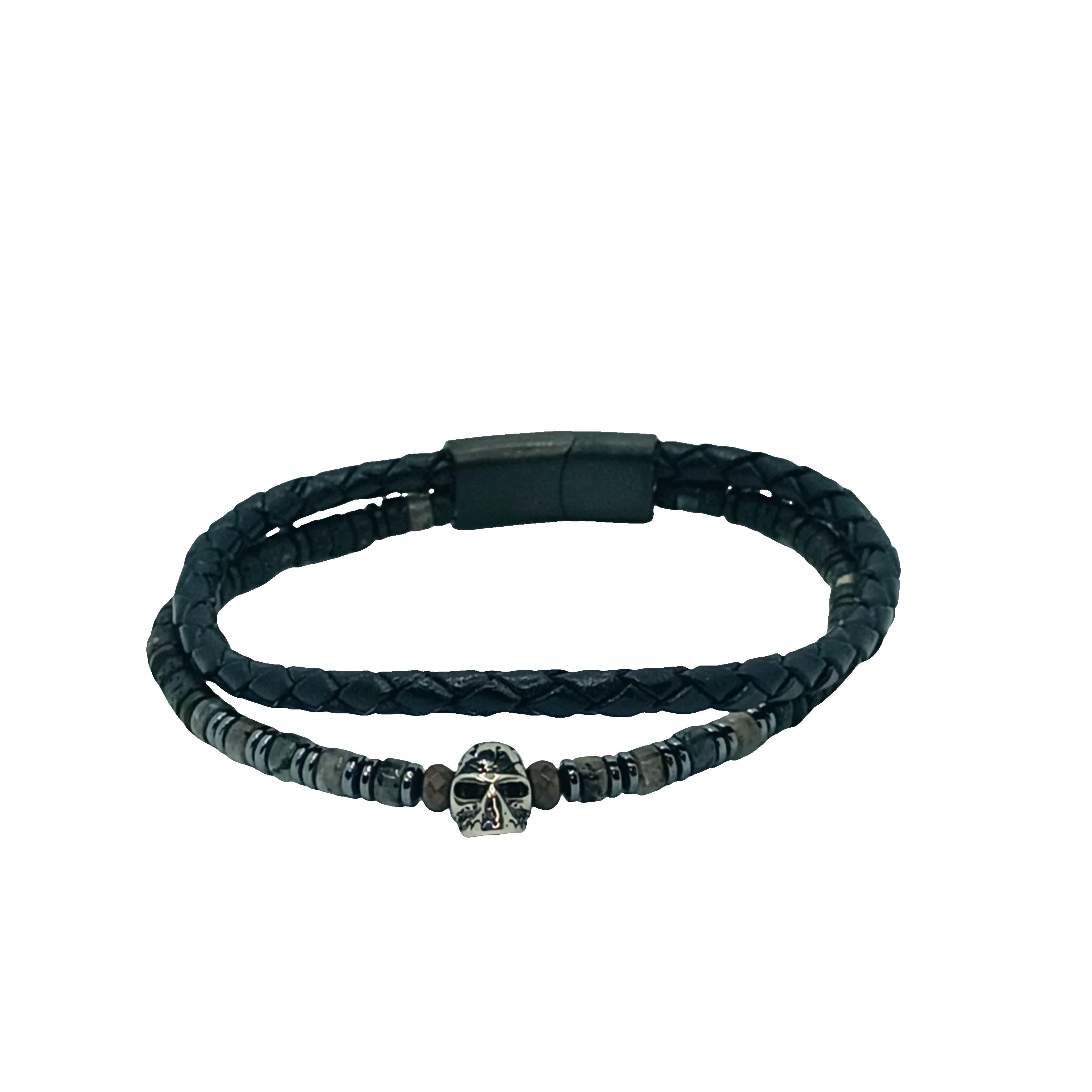Bransoletka z koralików agatowych i skórzanych z akcentem czaszki