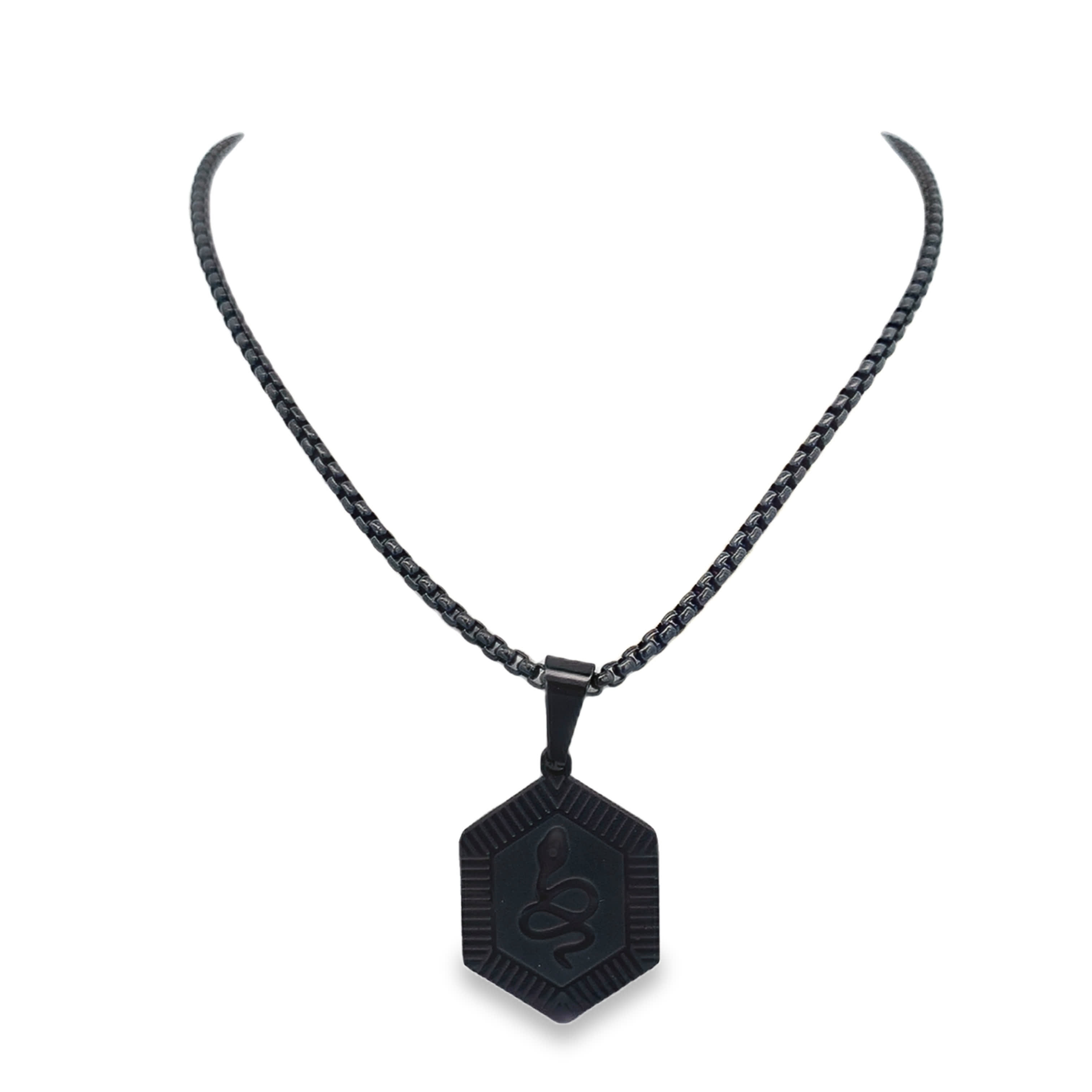 Matte Black Hexagonal Serpent Medallion Box Chain Necklace