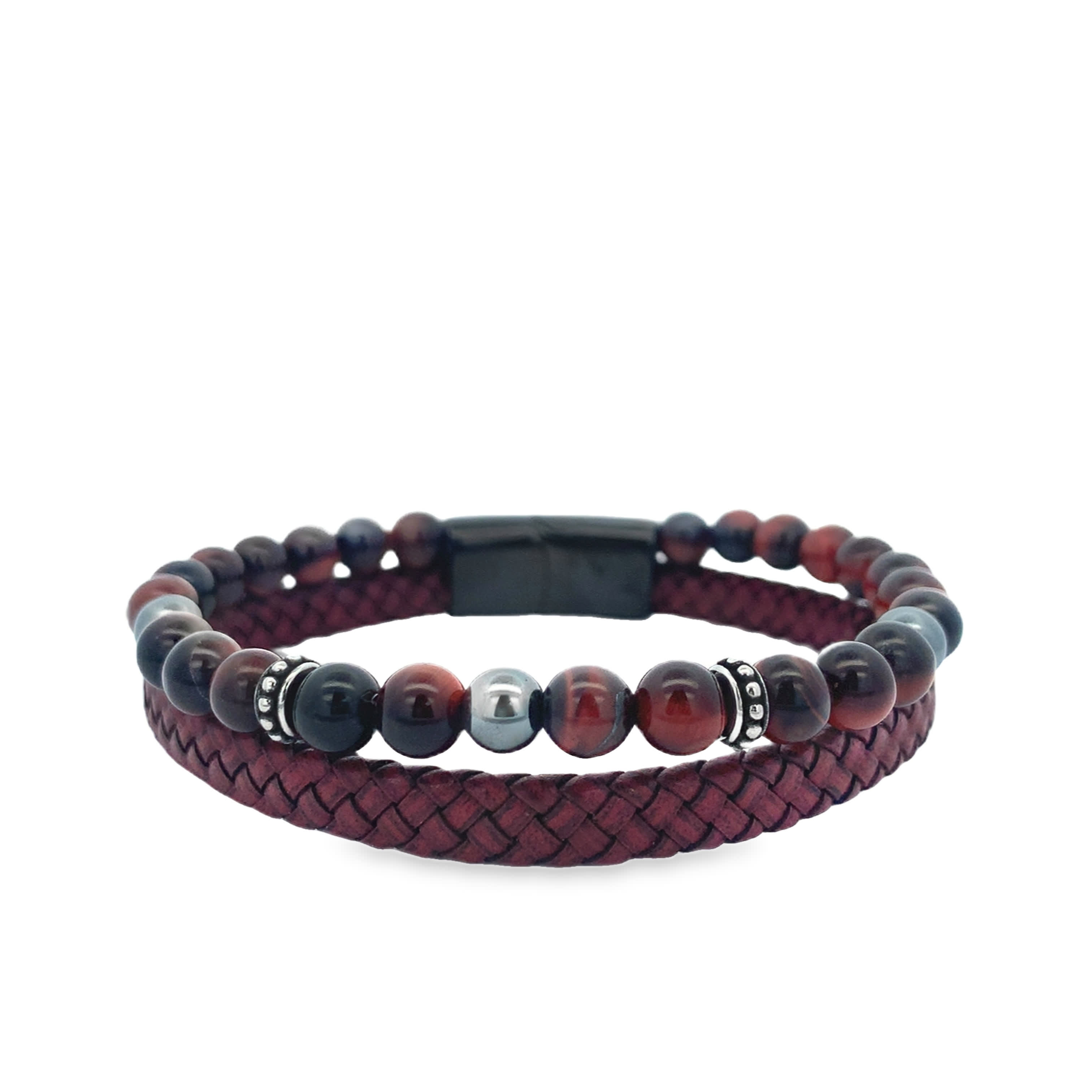 Red Agate and Braided Leather Multi-Strand Beaded Bracelet