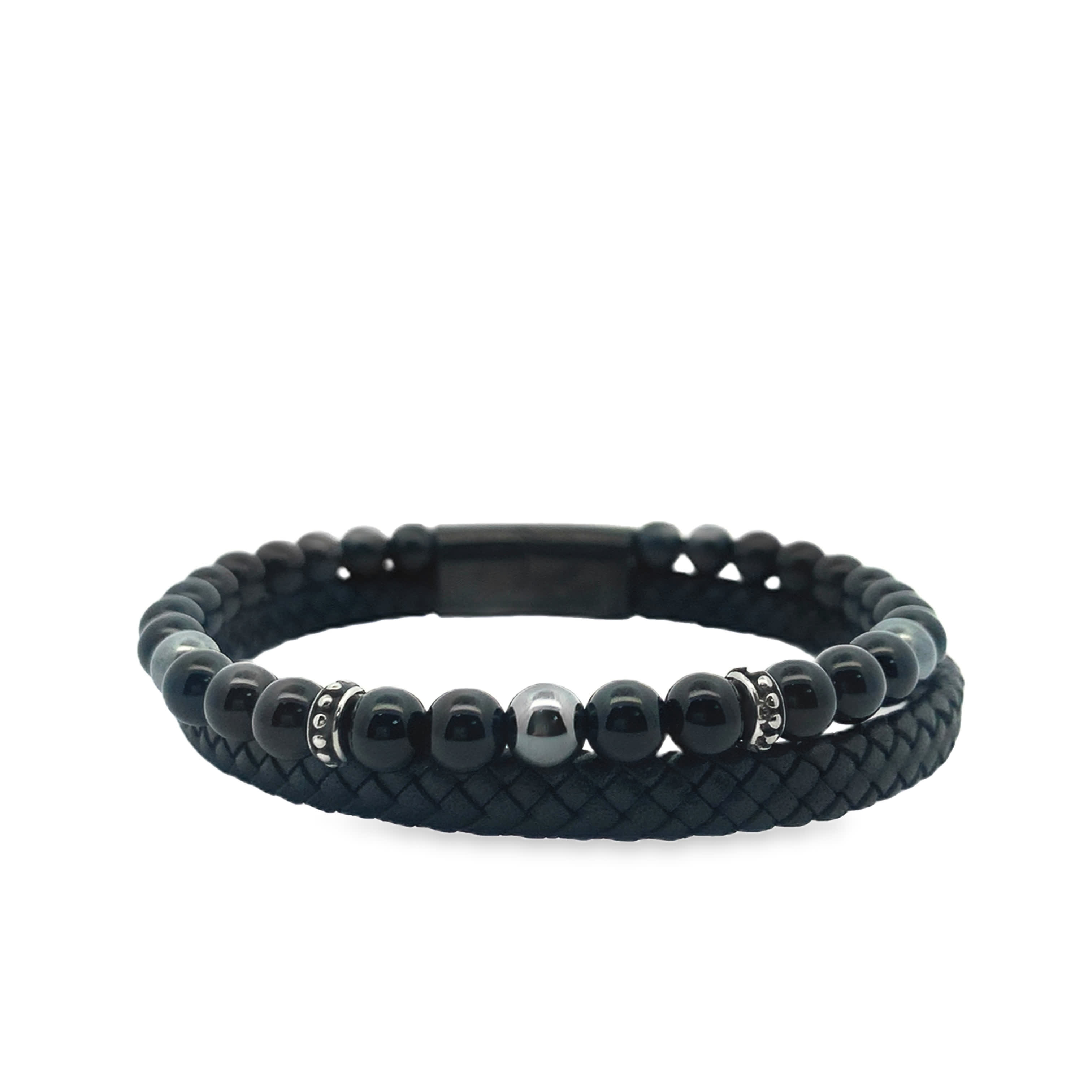 Men\\\'s Double-Row Onyx Bead and Braided Leather Bracelet with Silver Accents