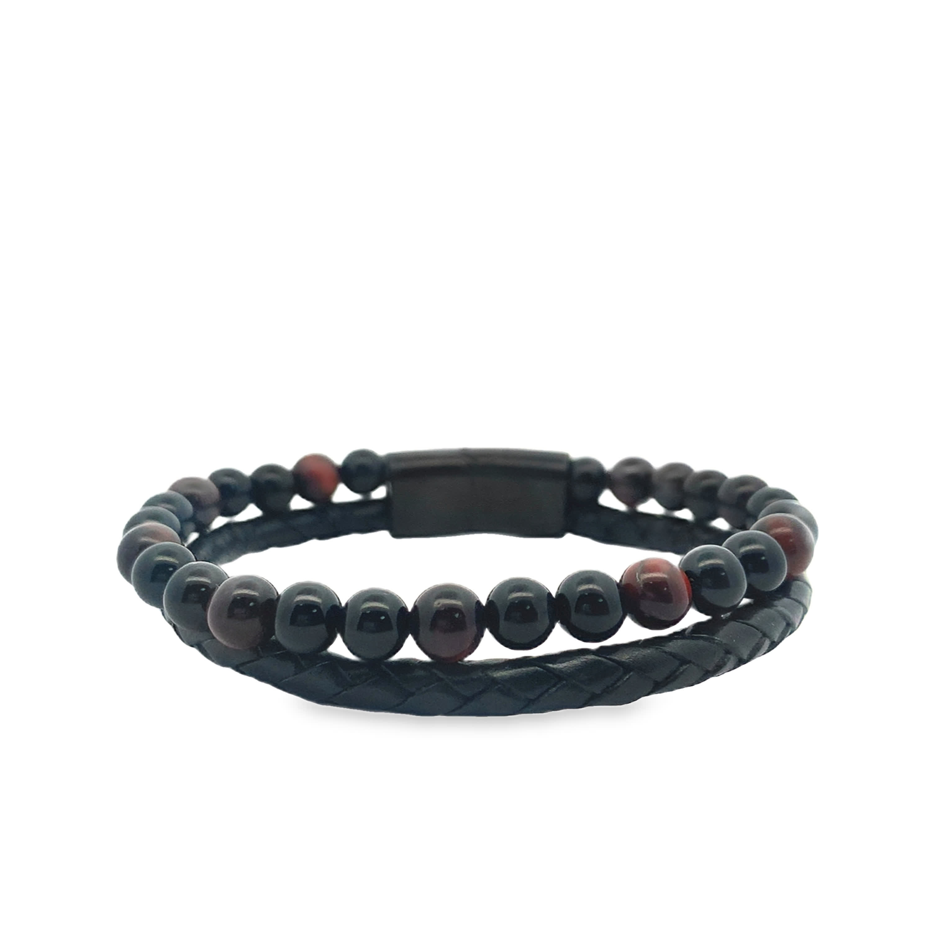 Double-Layer Onyx and Red Tiger\\\'s Eye Beaded Leather Bracelet