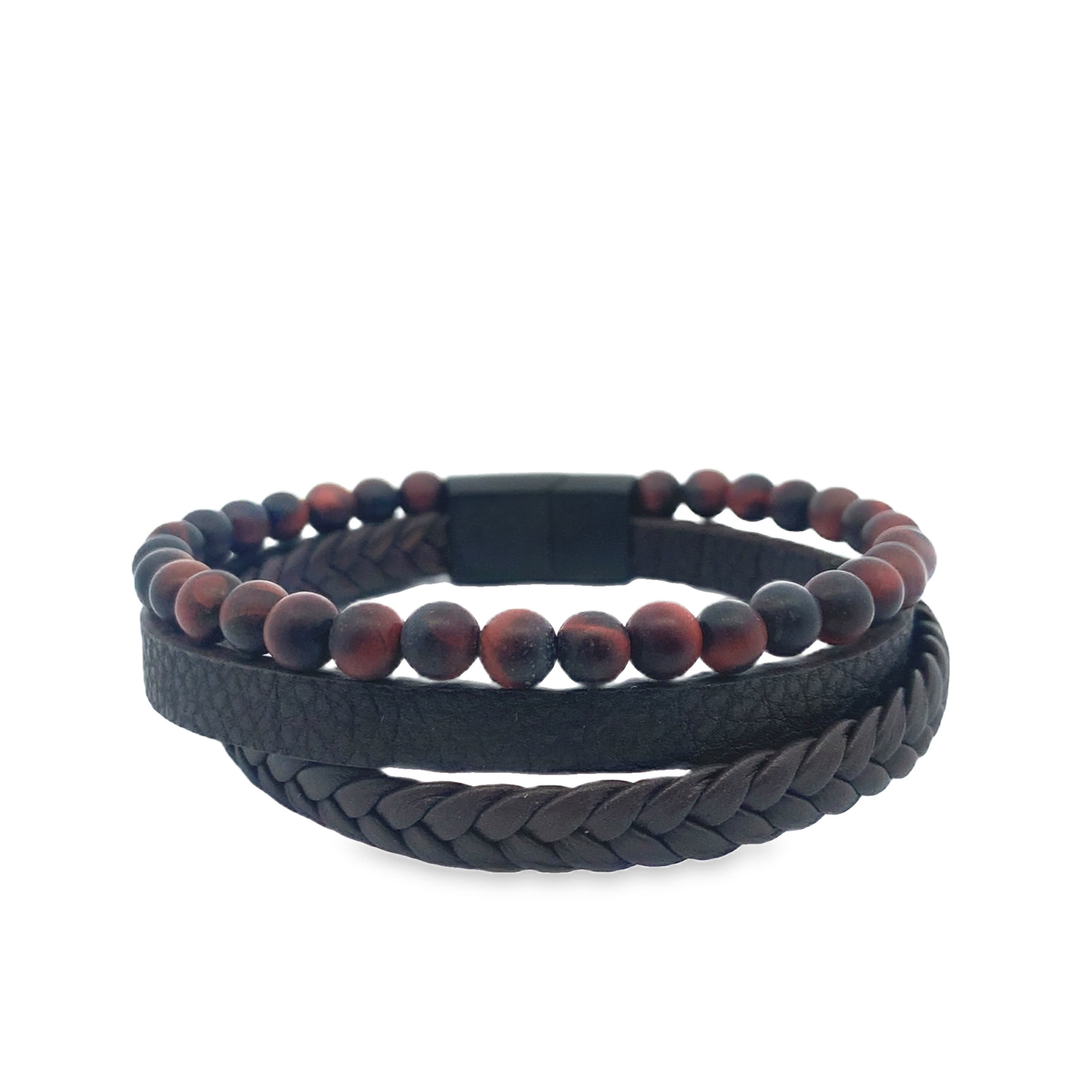 Men\\\'s Triple-Strand Agate and Braided Leather Magnetic Bracelet