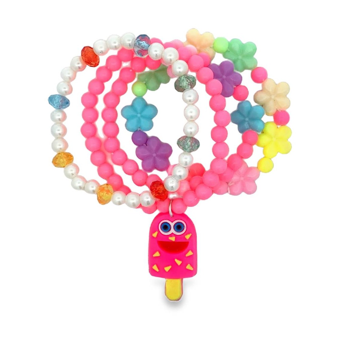 Kolorowy komplet bransoletek z perłami i zawieszką lodu na patyku
