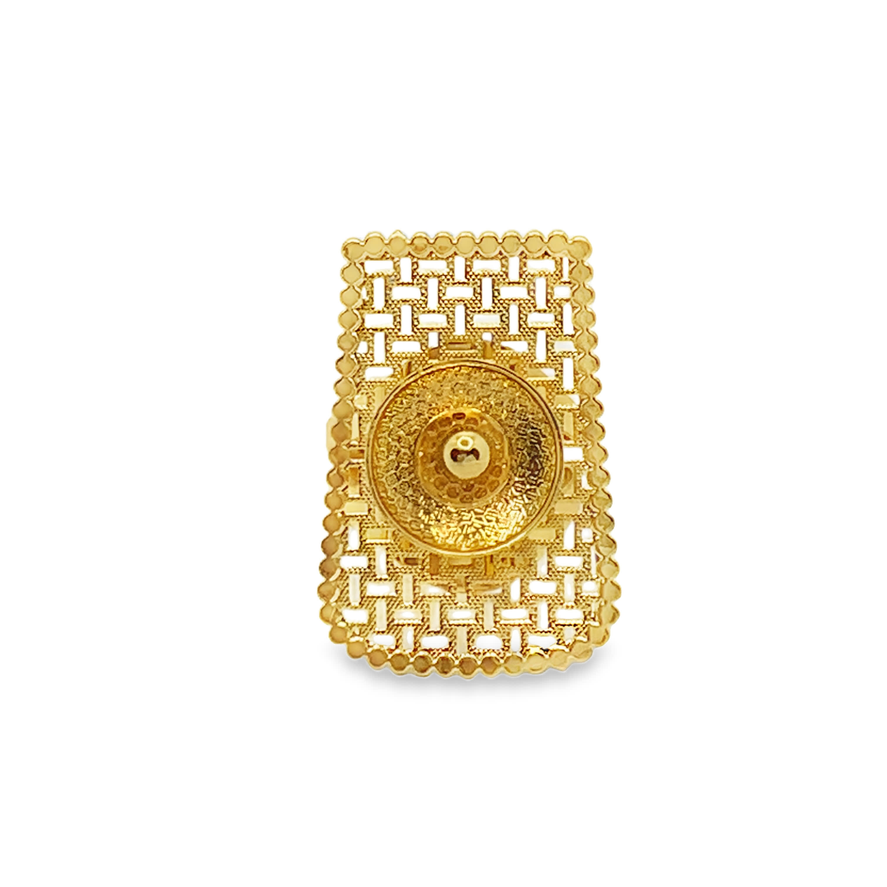 Pierścionek koktajlowy ze złoconej stali z misterną kratką