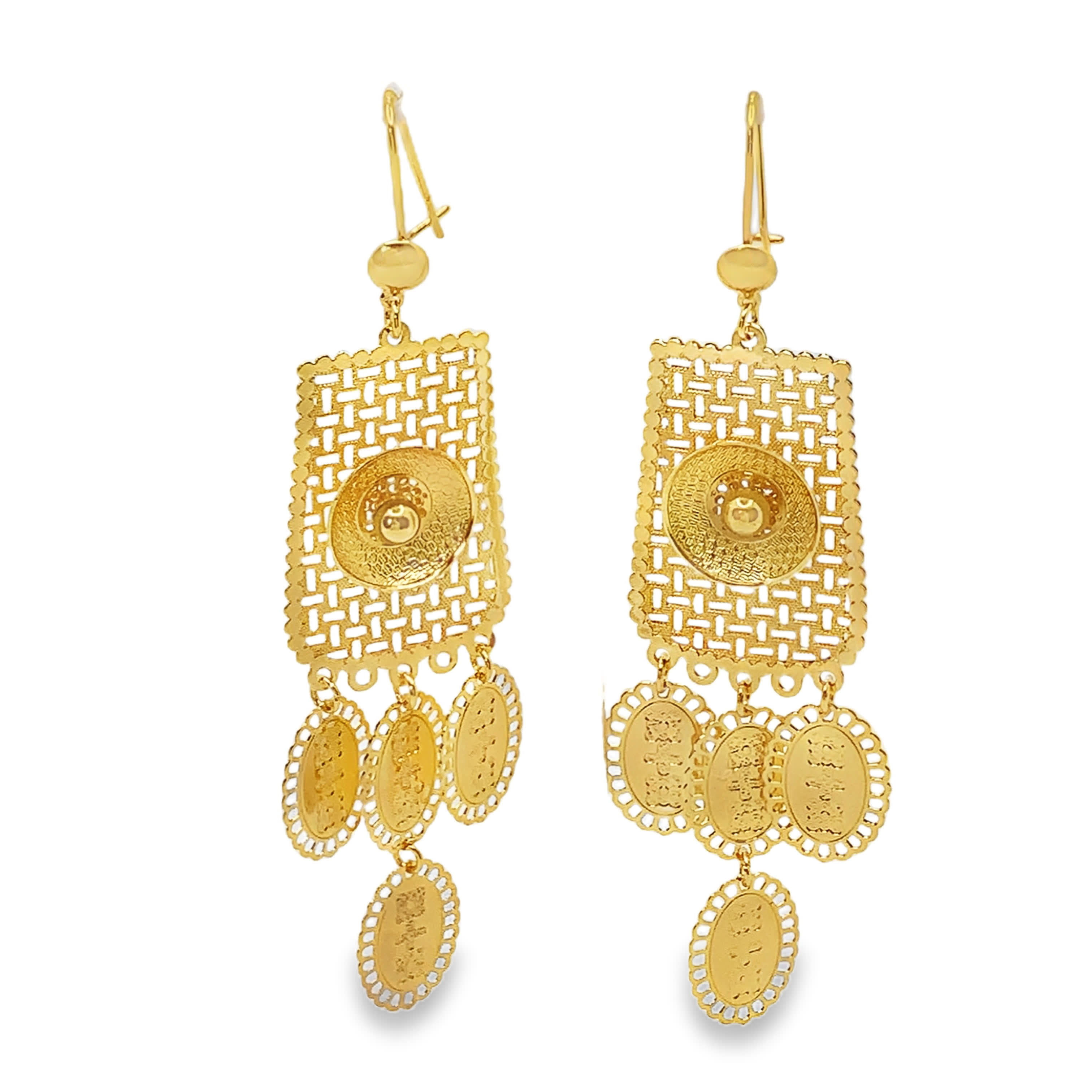 Eleganckie złocone kolczyki wiszące z zawieszkami w kształcie monet