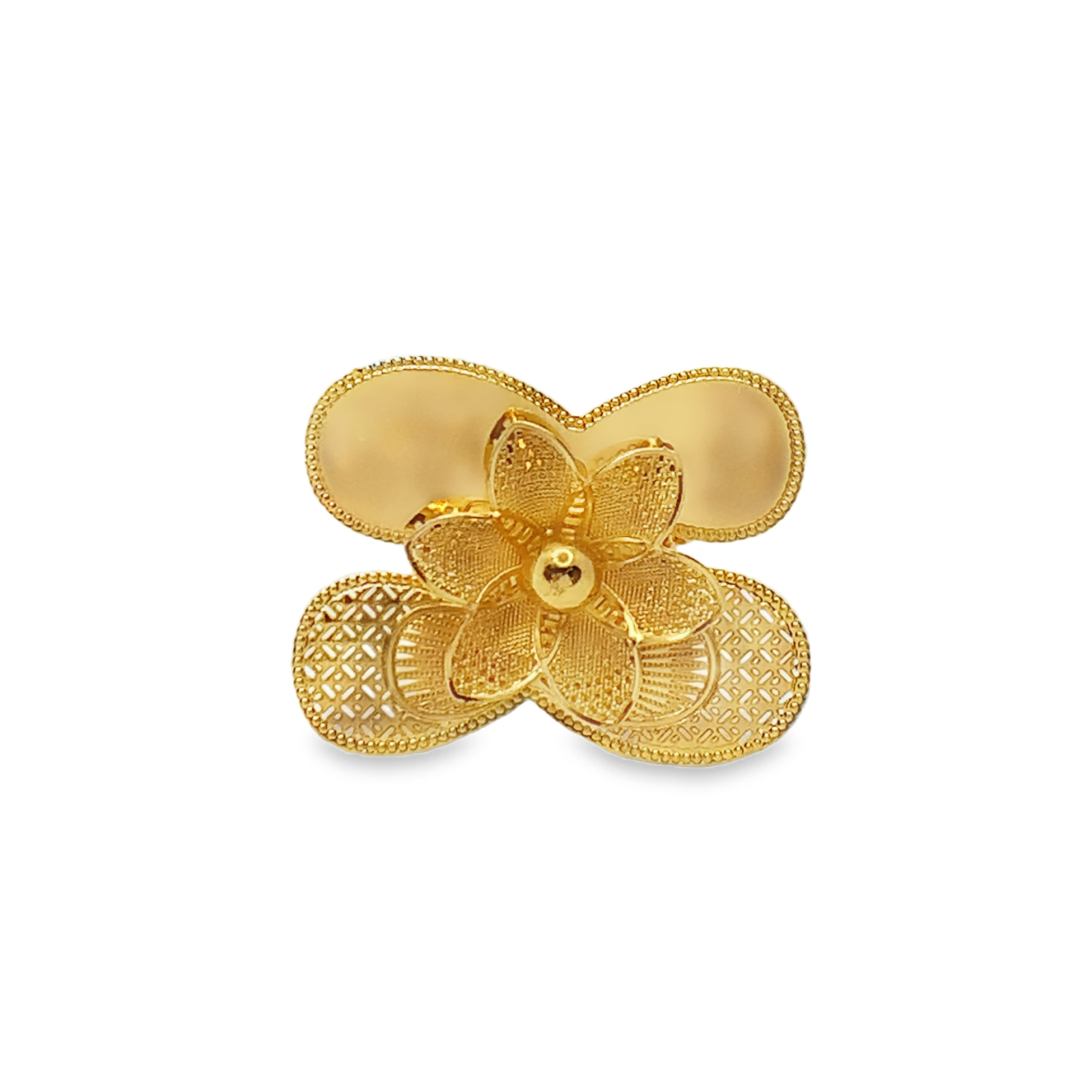 Pierścionek koktajlowy ze złoconej stali z kwiatowym wzorem