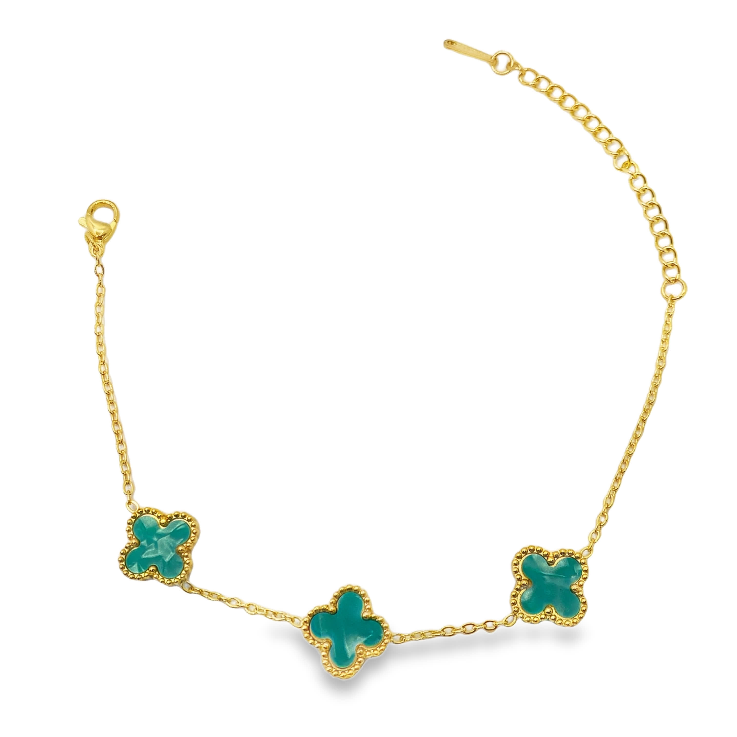 Bransoletka ze złoconej stali z łańcuszkiem i akcentami koniczyny turkusowej