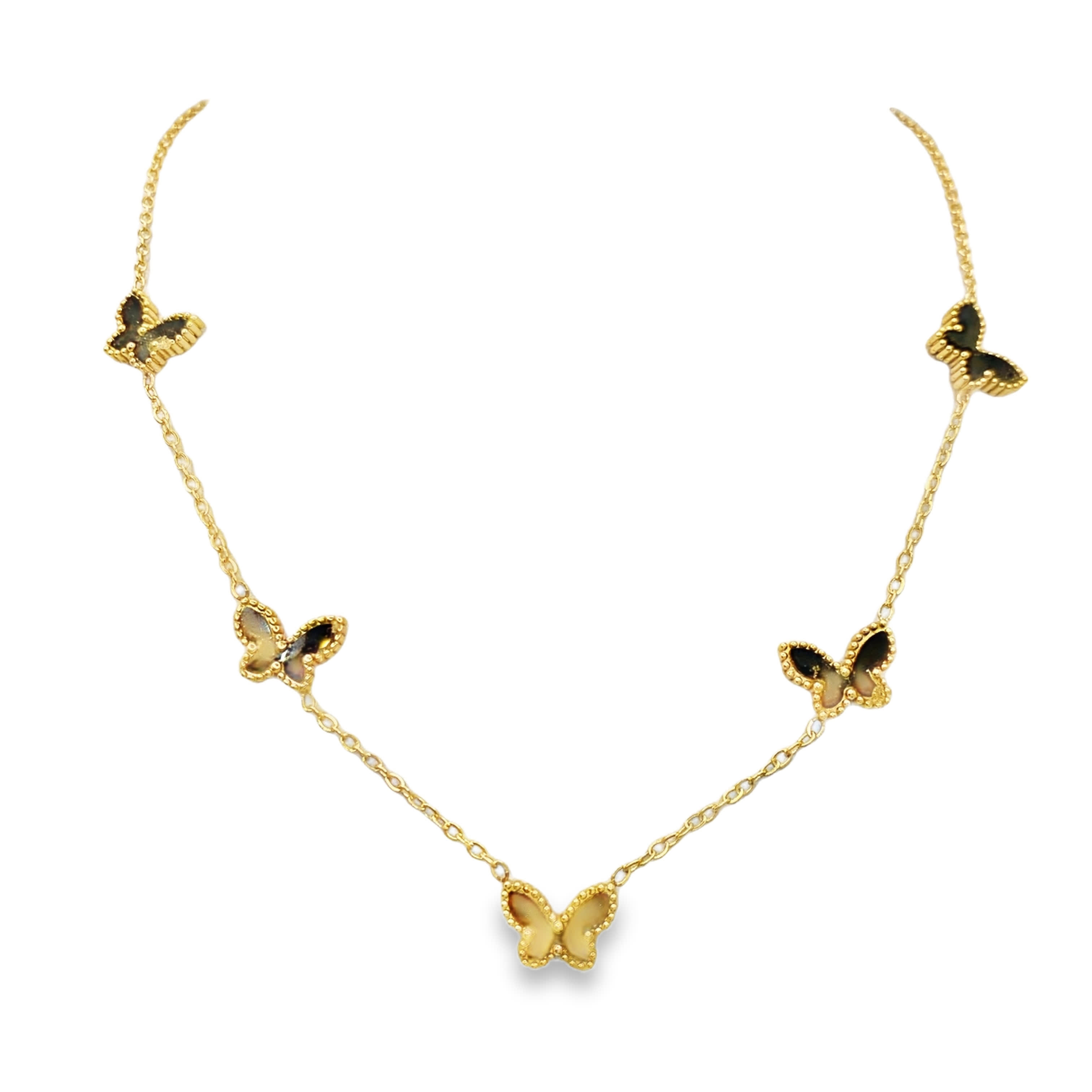 Naszyjnik ze złoconej stali z motywem czarnych motyli