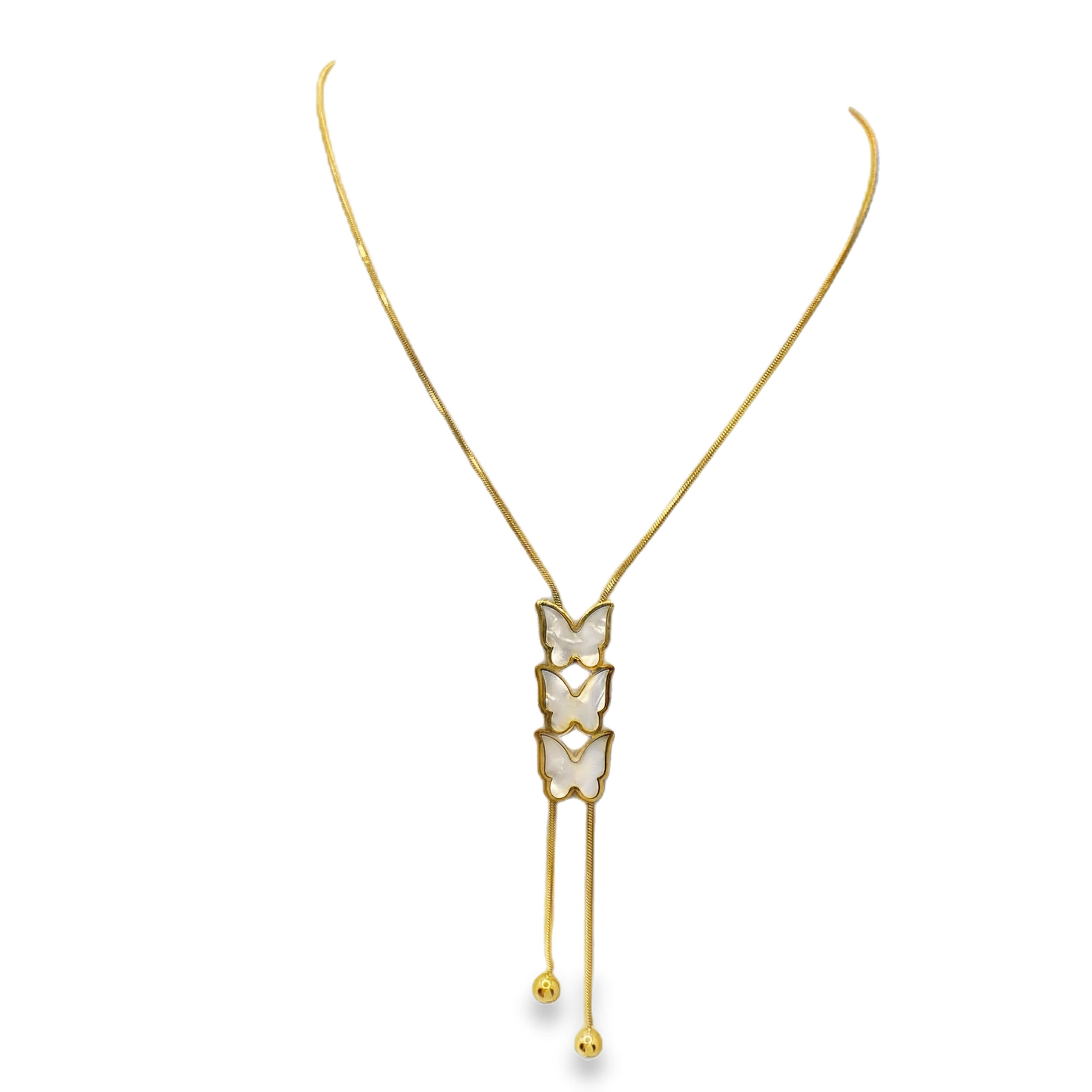 Naszyjnik ze złoconej stali z perłowymi kaboszonami w kształcie motyli