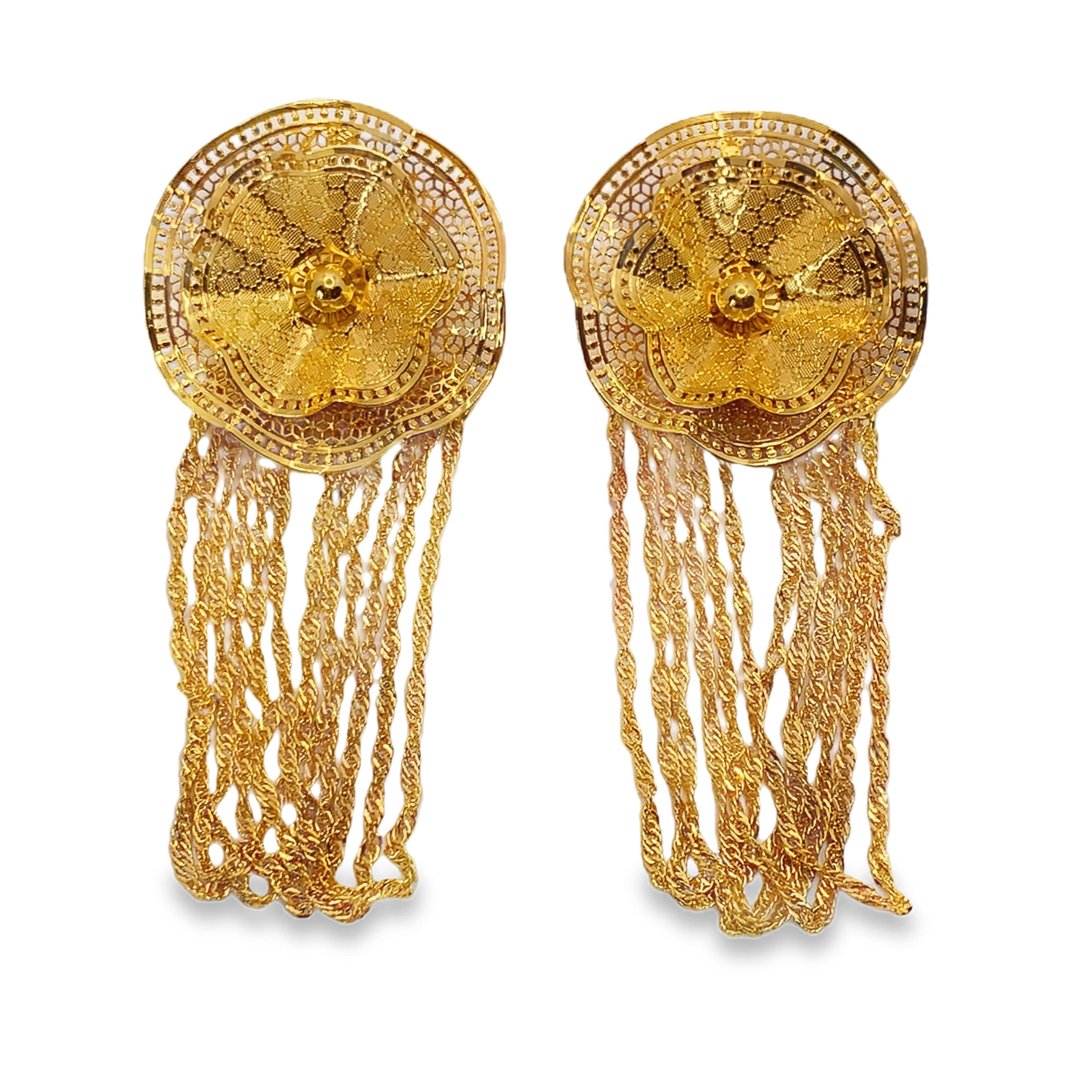 Złocone wiszące kolczyki z motywem kwiatowym i łańcuszkiem