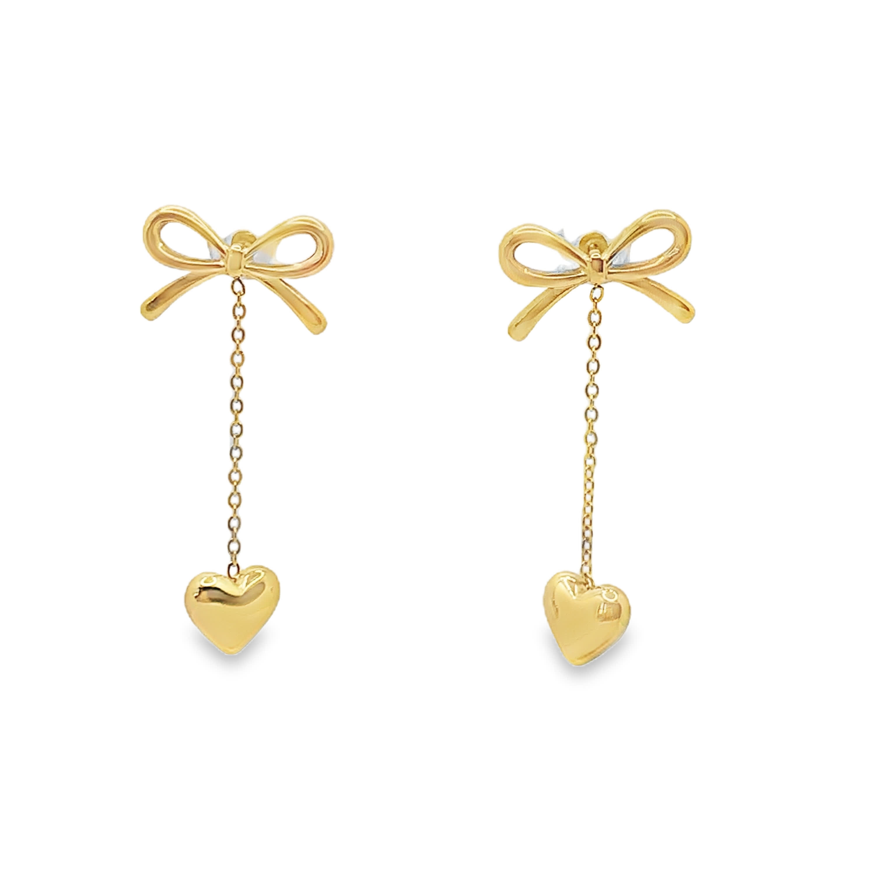 Złocone kolczyki z kokardką i serduszkiem