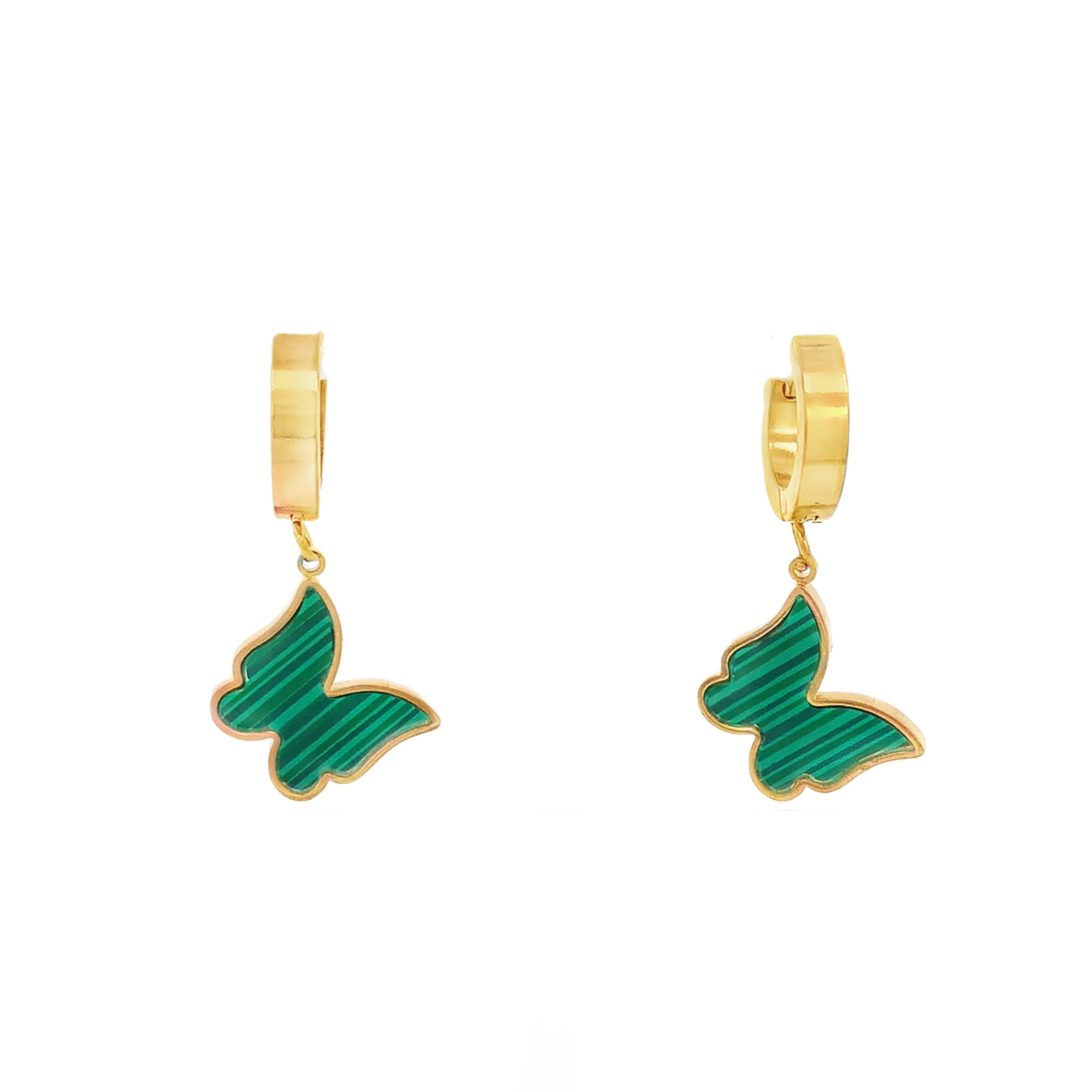 Złocone wiszące kolczyki z malachitem szlifowanym kaboszonem