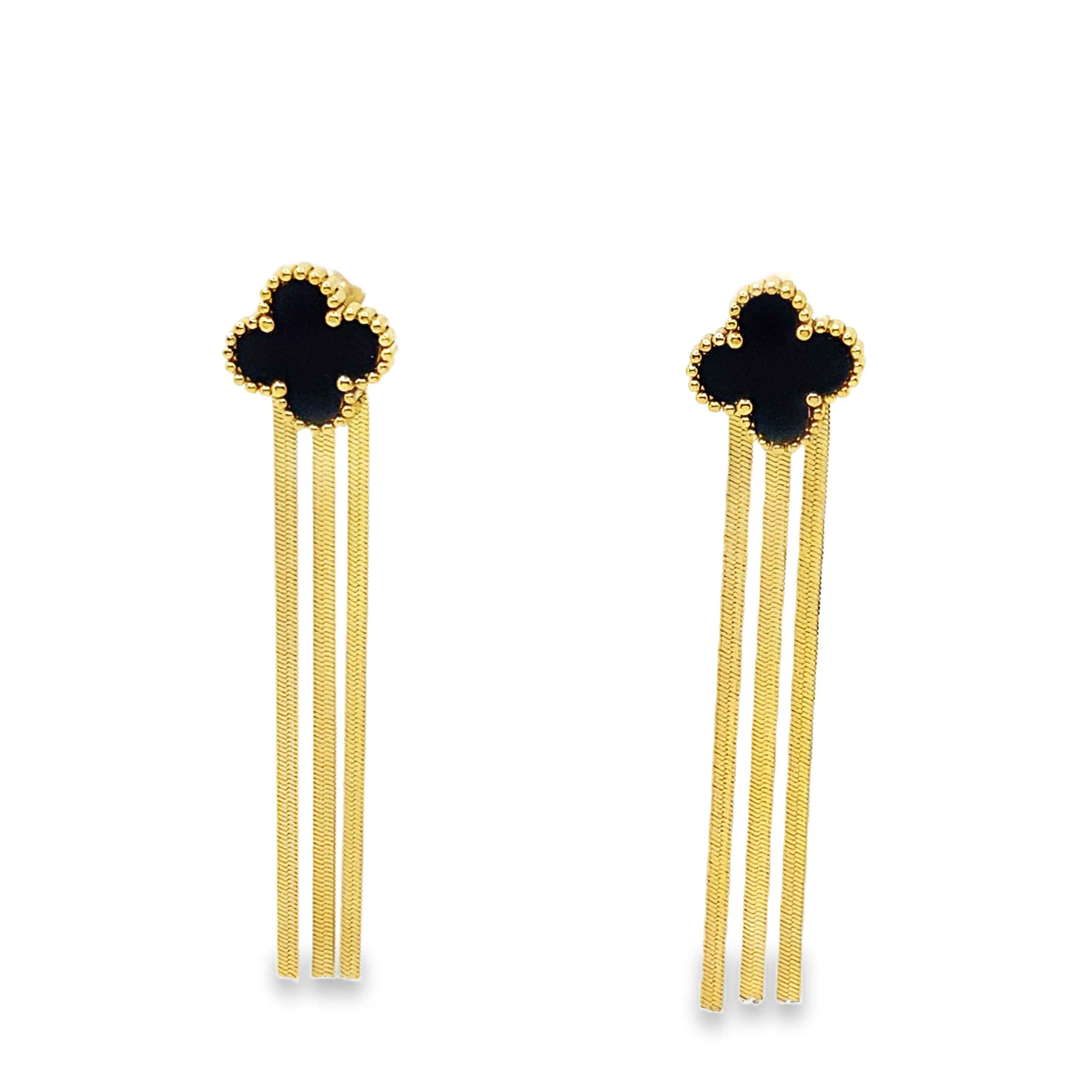 Złocone wiszące kolczyki koniczynki z frędzlami łańcuszkowymi