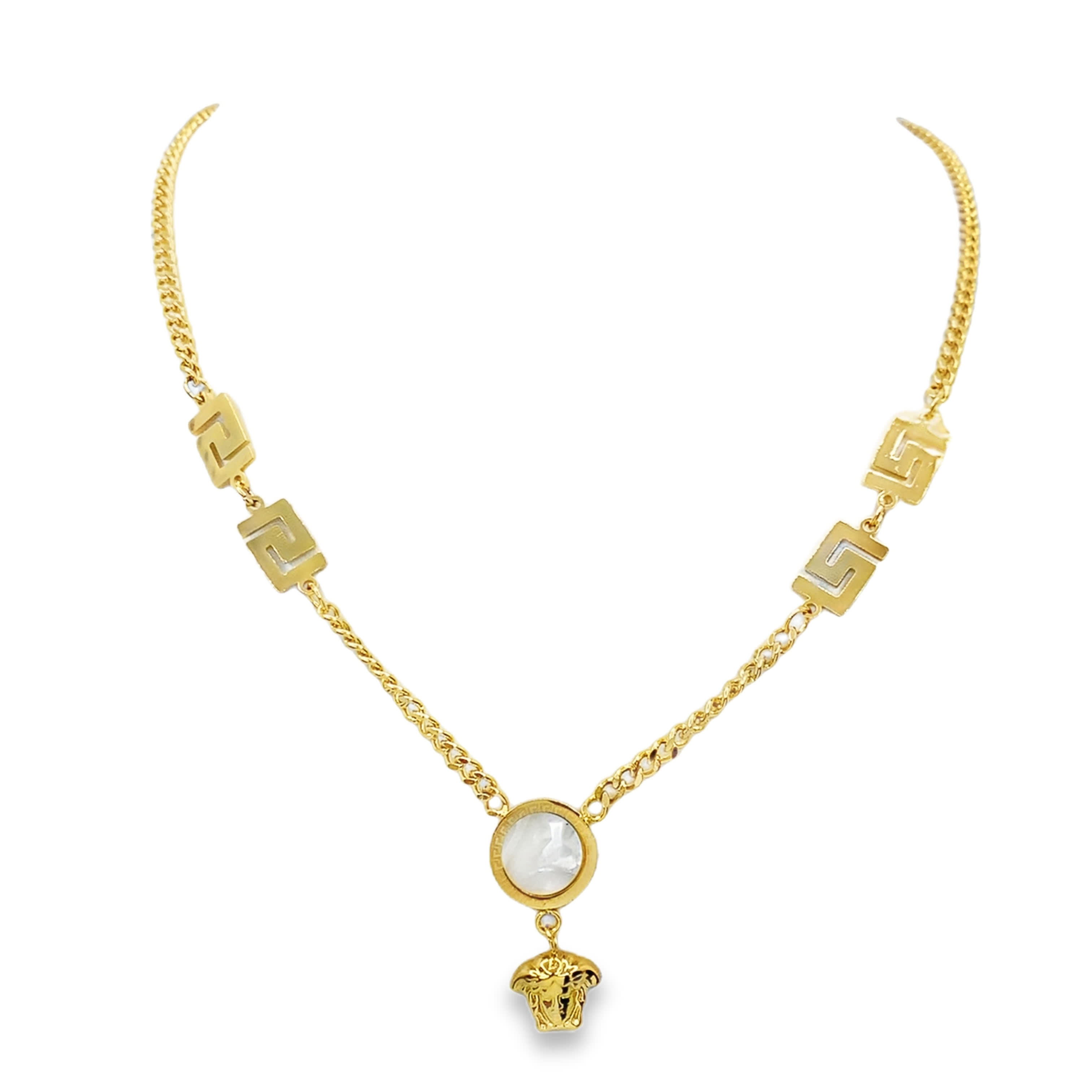 Designerski naszyjnik ze złoconej stali z wisiorkiem z perły kaboszonowej