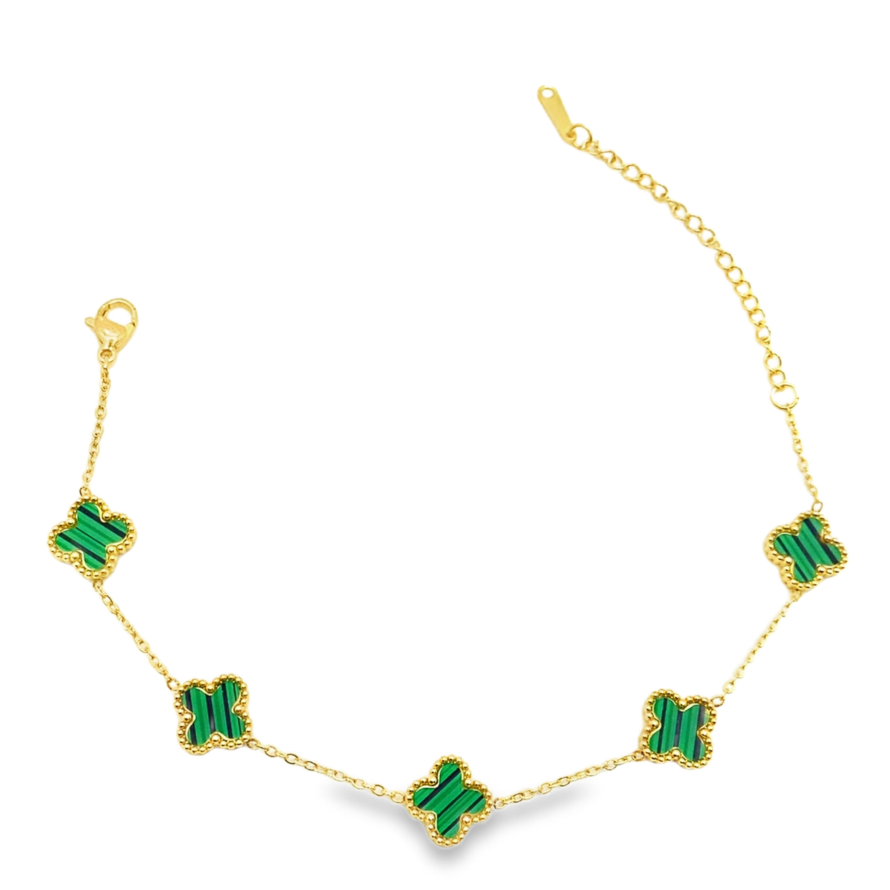 Złocona bransoletka łańcuszkowa z okrągłymi kaboszonami malachitu