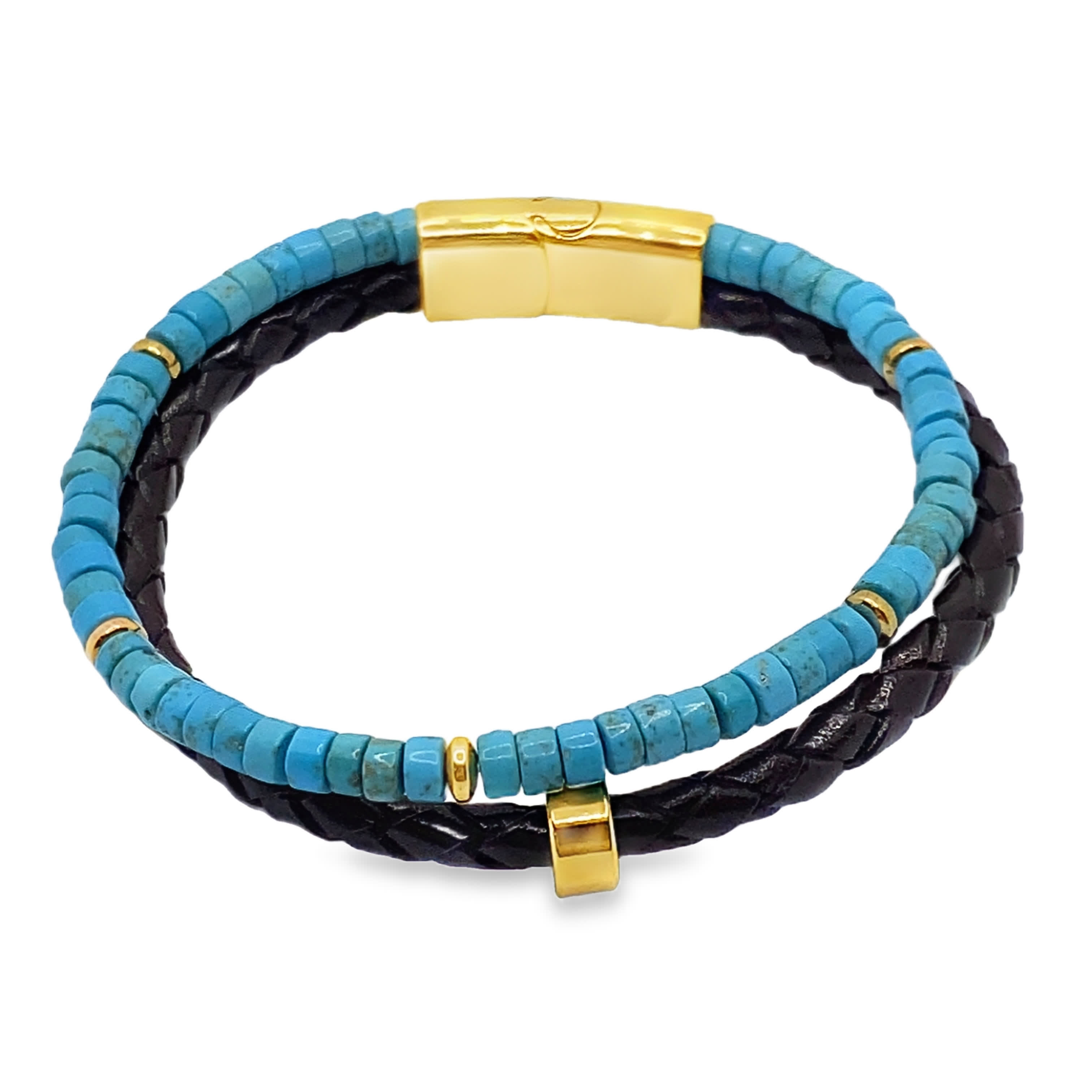 Bransoletka z koralików w kolorze turkusowym i złocistym akcentem