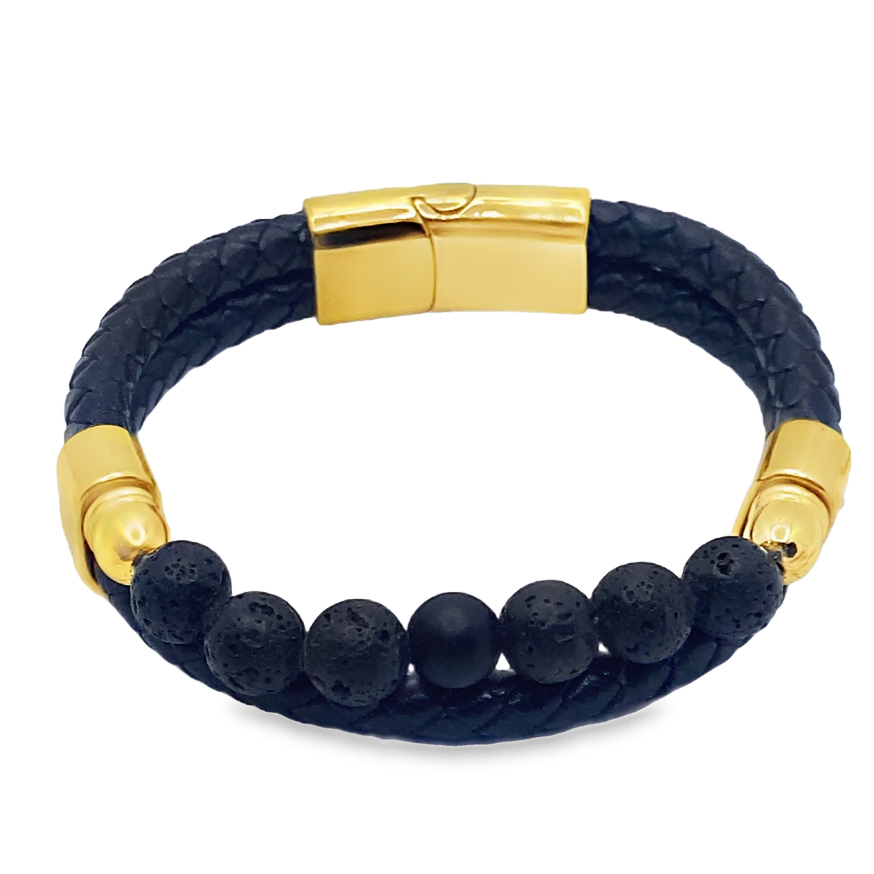 Bransoletka z koralików onyksowych z plecioną skórą i złocistymi akcentami