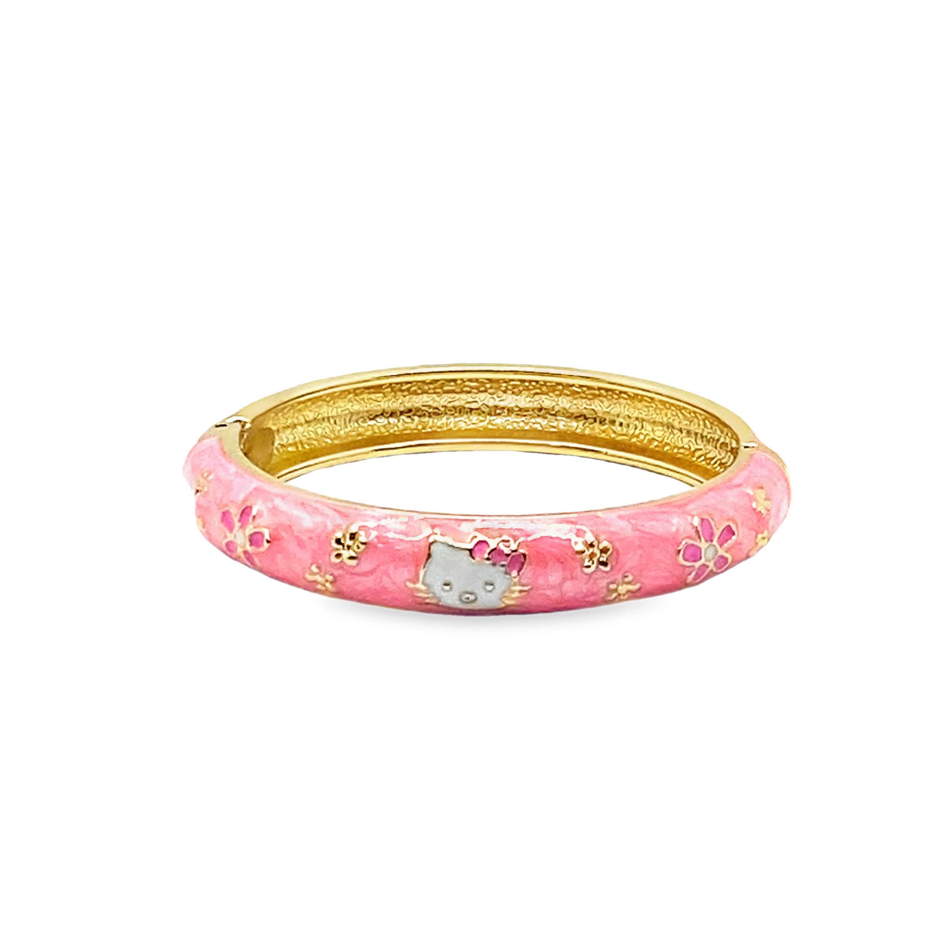 Fantazyjna bransoletka ze złoconej stali z różową emalią i zabawnymi rysunkami