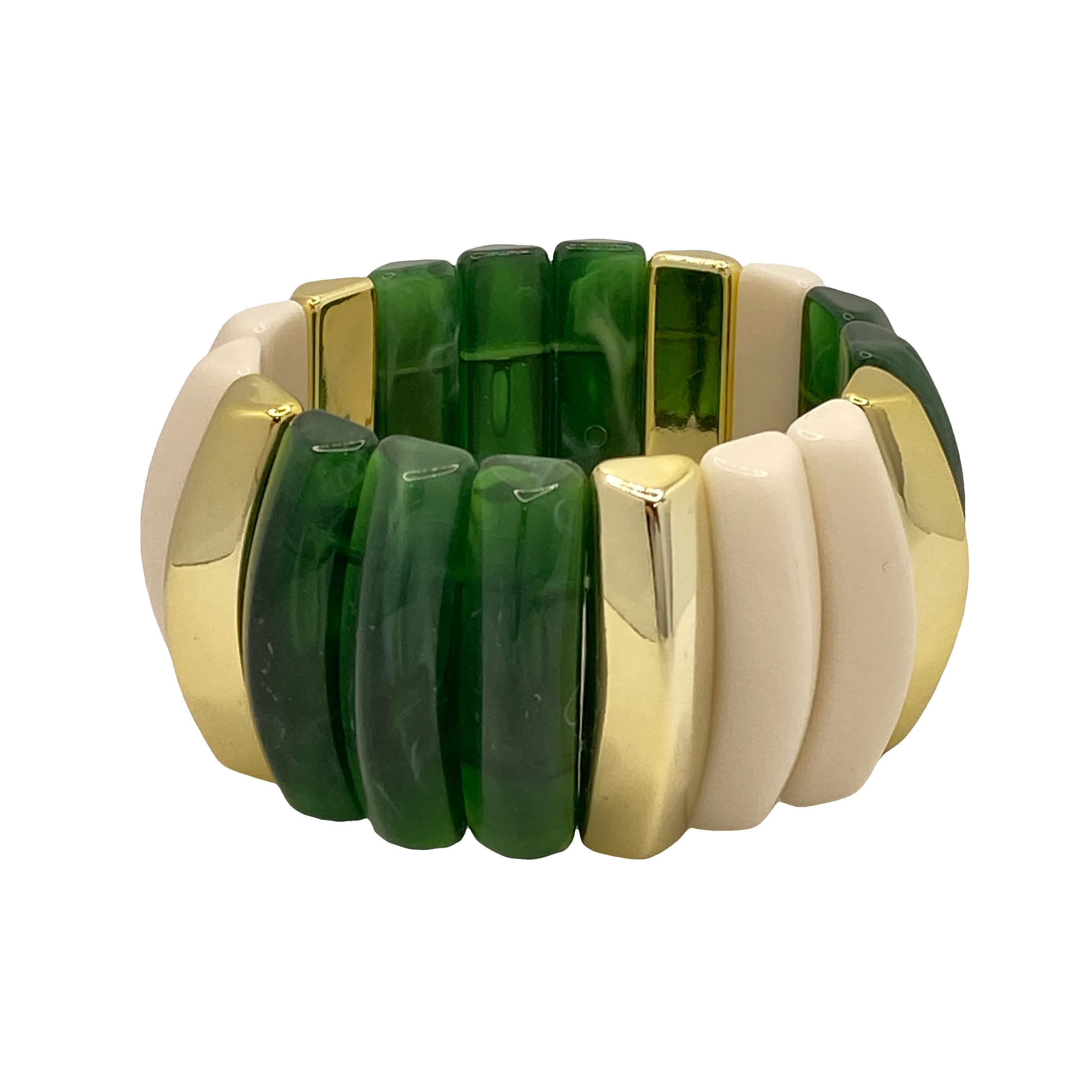 Bransoletka z koralików w odcieniach zieleni, żółtego metalu i kości słoniowej